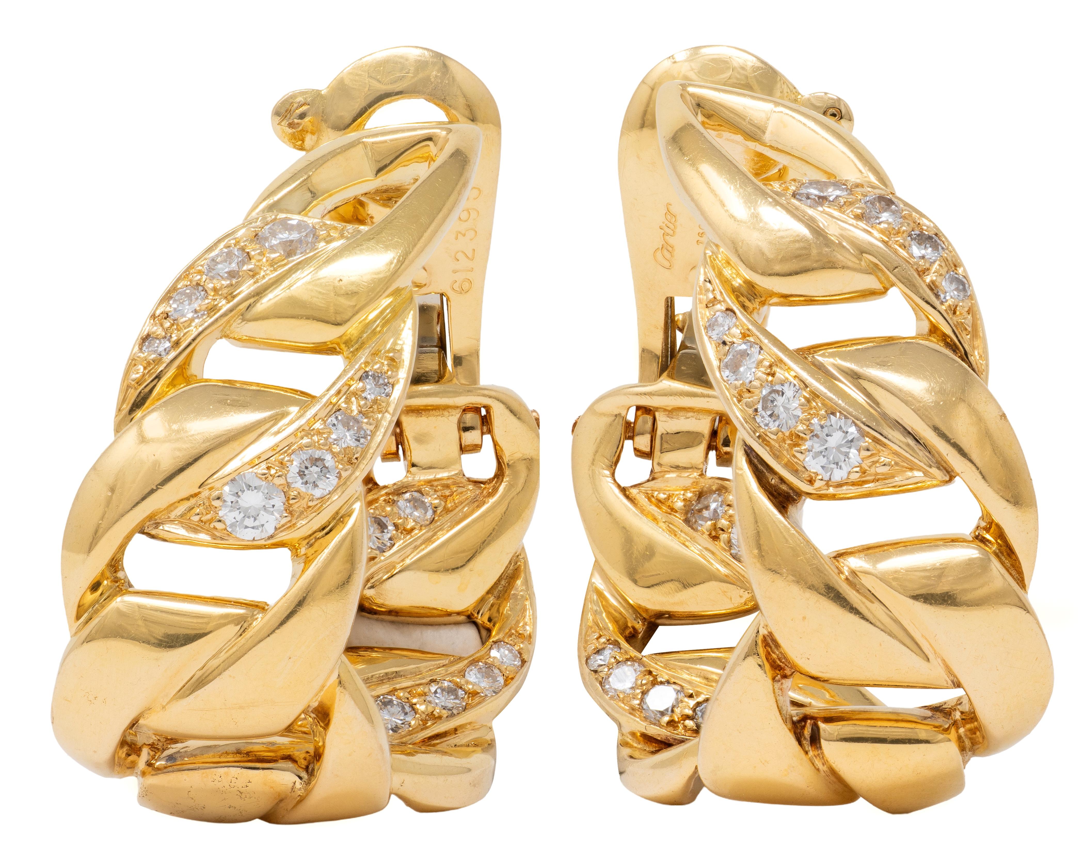 Cartier French 1980's Diamond 18K Gold Vintage Chain Inside-Outside Hoop Earring