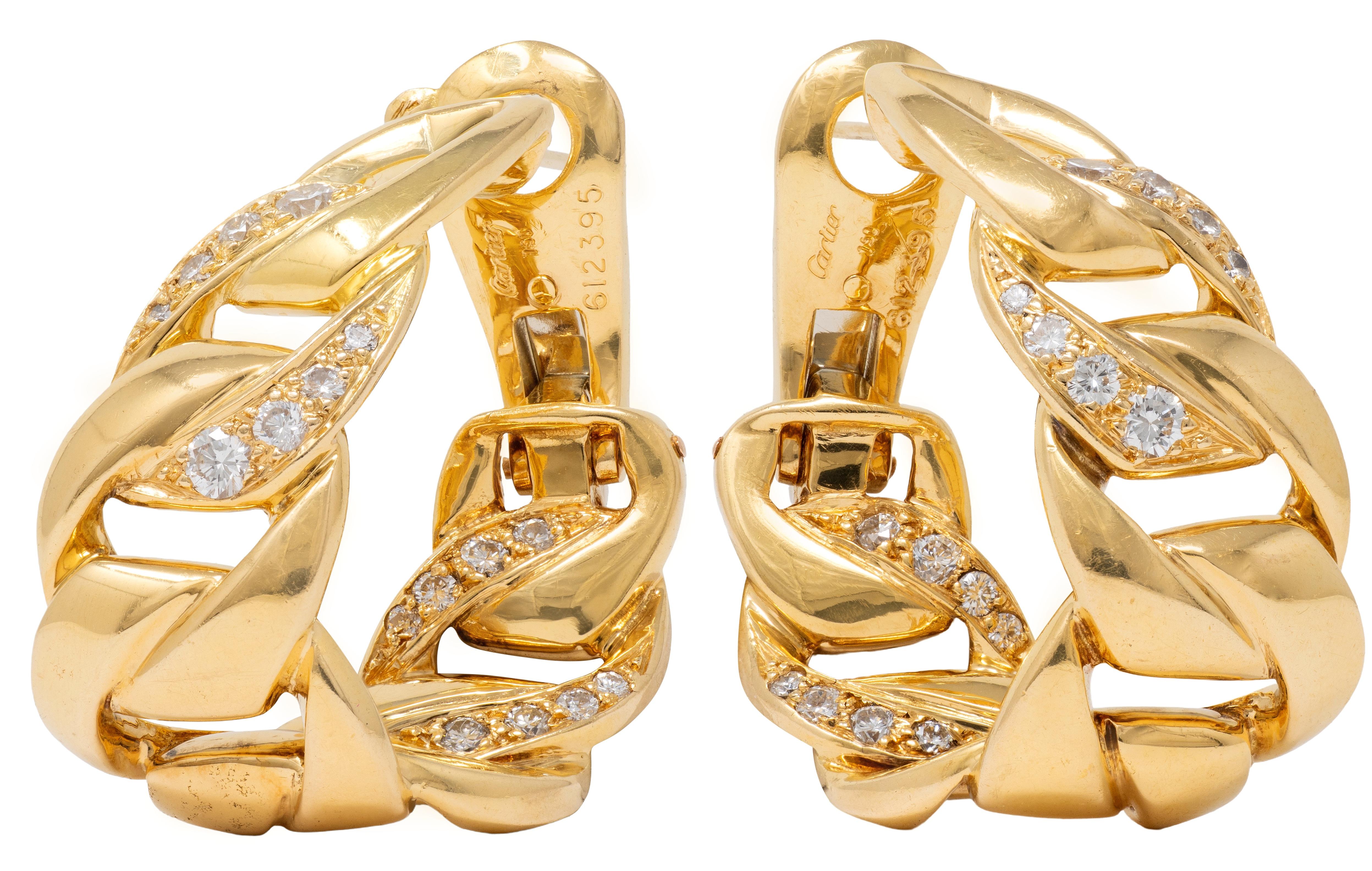 Cartier French 1980's Diamond 18K Gold Vintage Chain Inside-Outside Hoop Earring