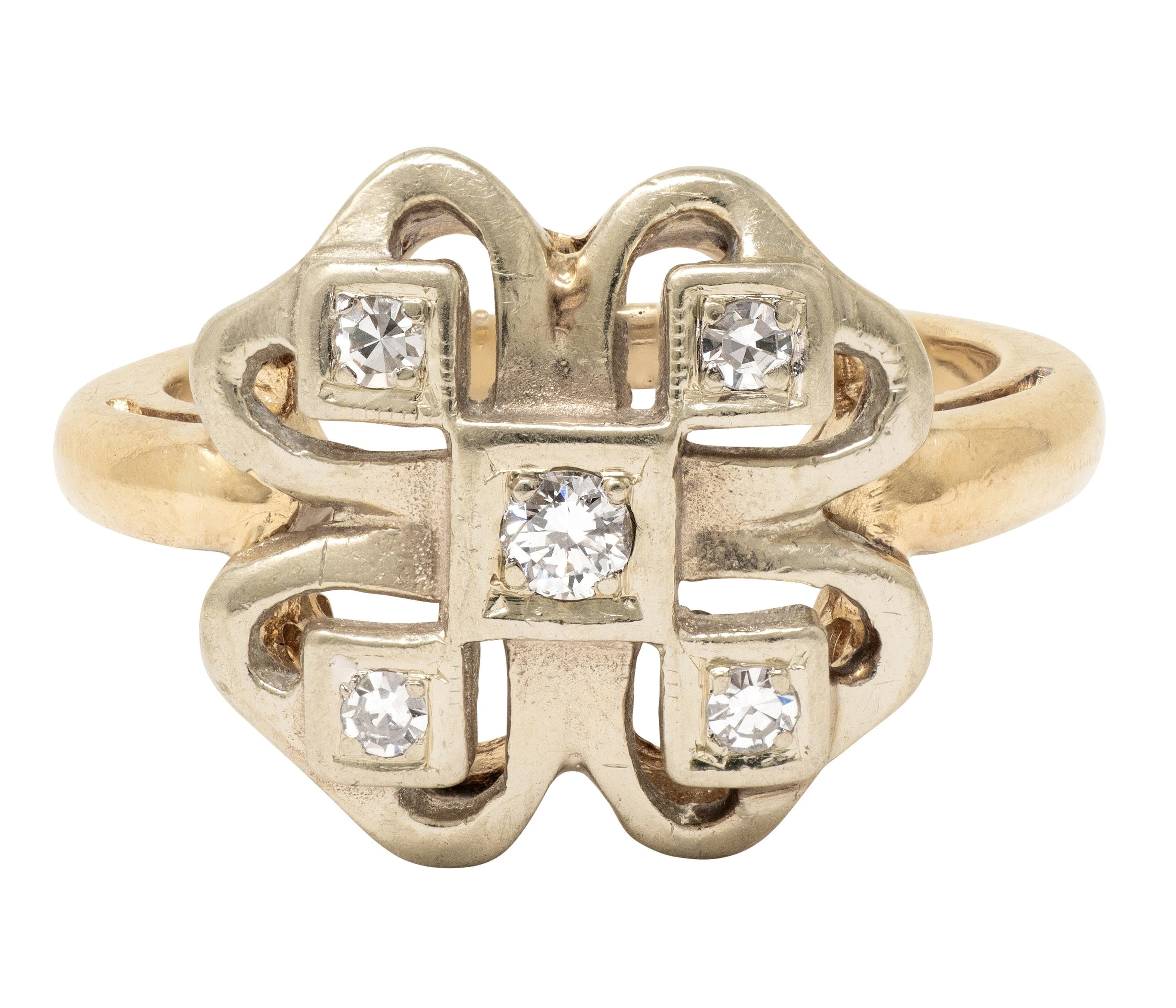 Retro Diamond 14 Karat Two-Tone Gold Vintage Four Leaf Clover Dinner Ring