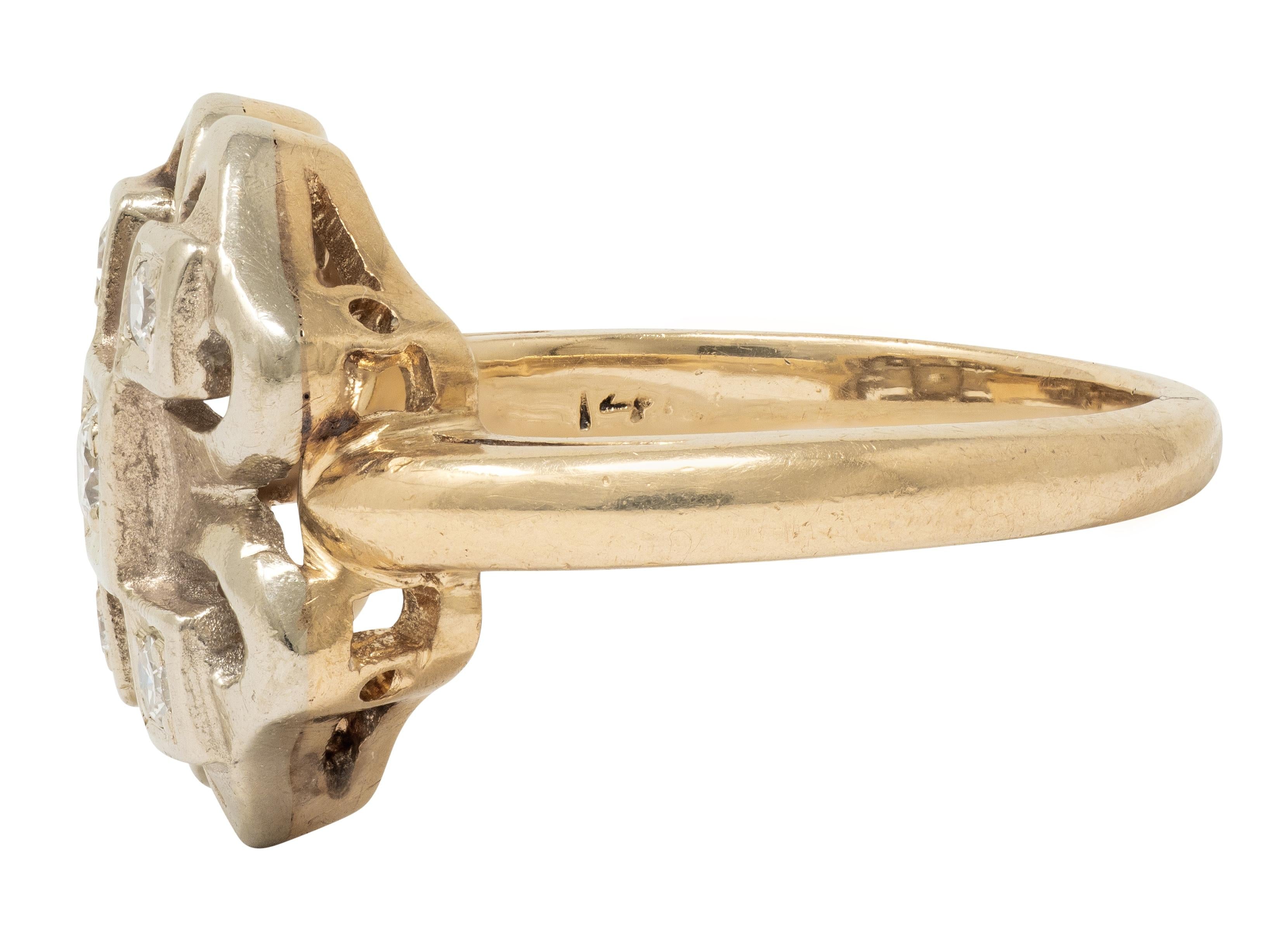 Retro Diamond 14 Karat Two-Tone Gold Vintage Four Leaf Clover Dinner Ring