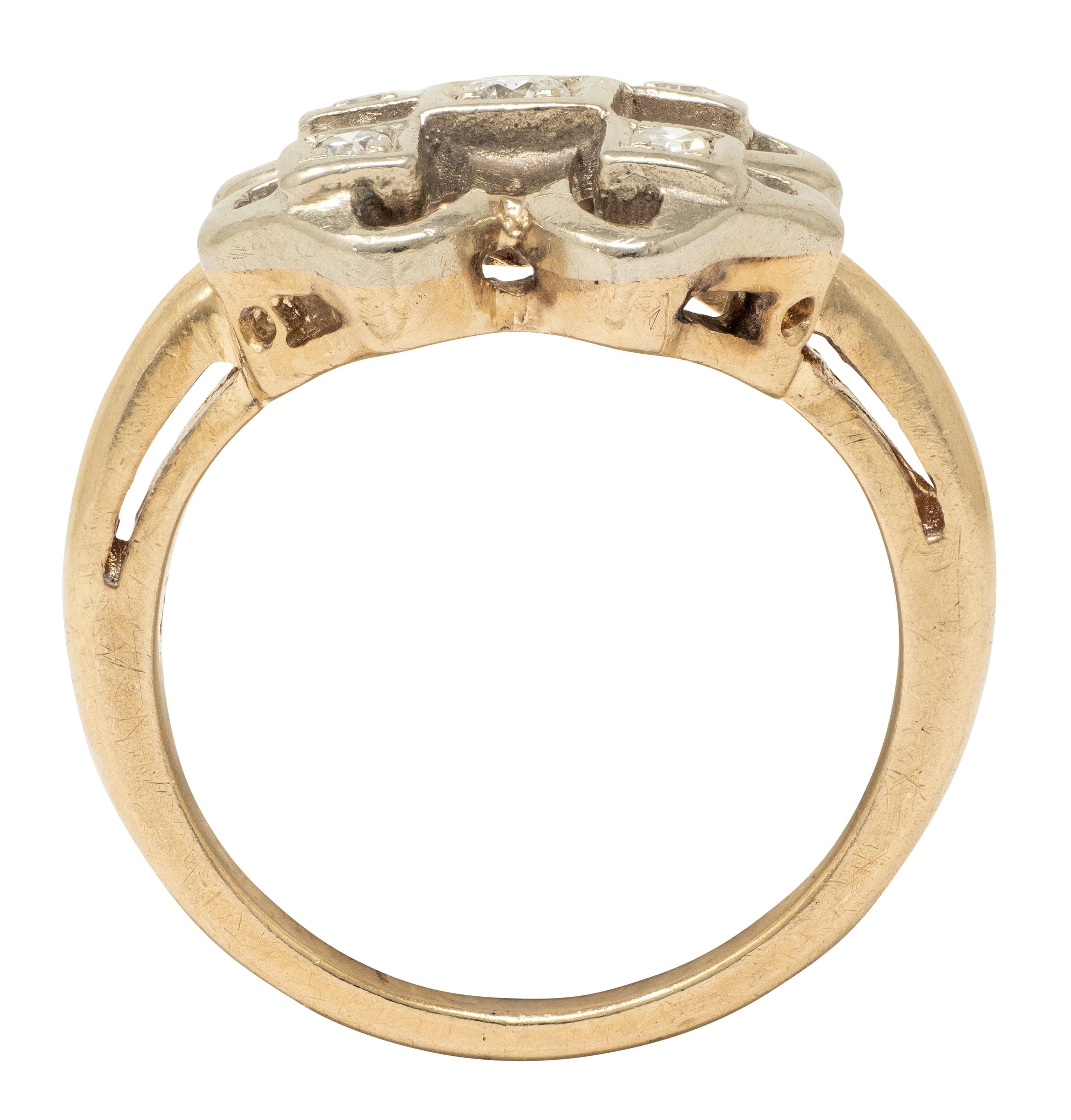 Retro Diamond 14 Karat Two-Tone Gold Vintage Four Leaf Clover Dinner Ring