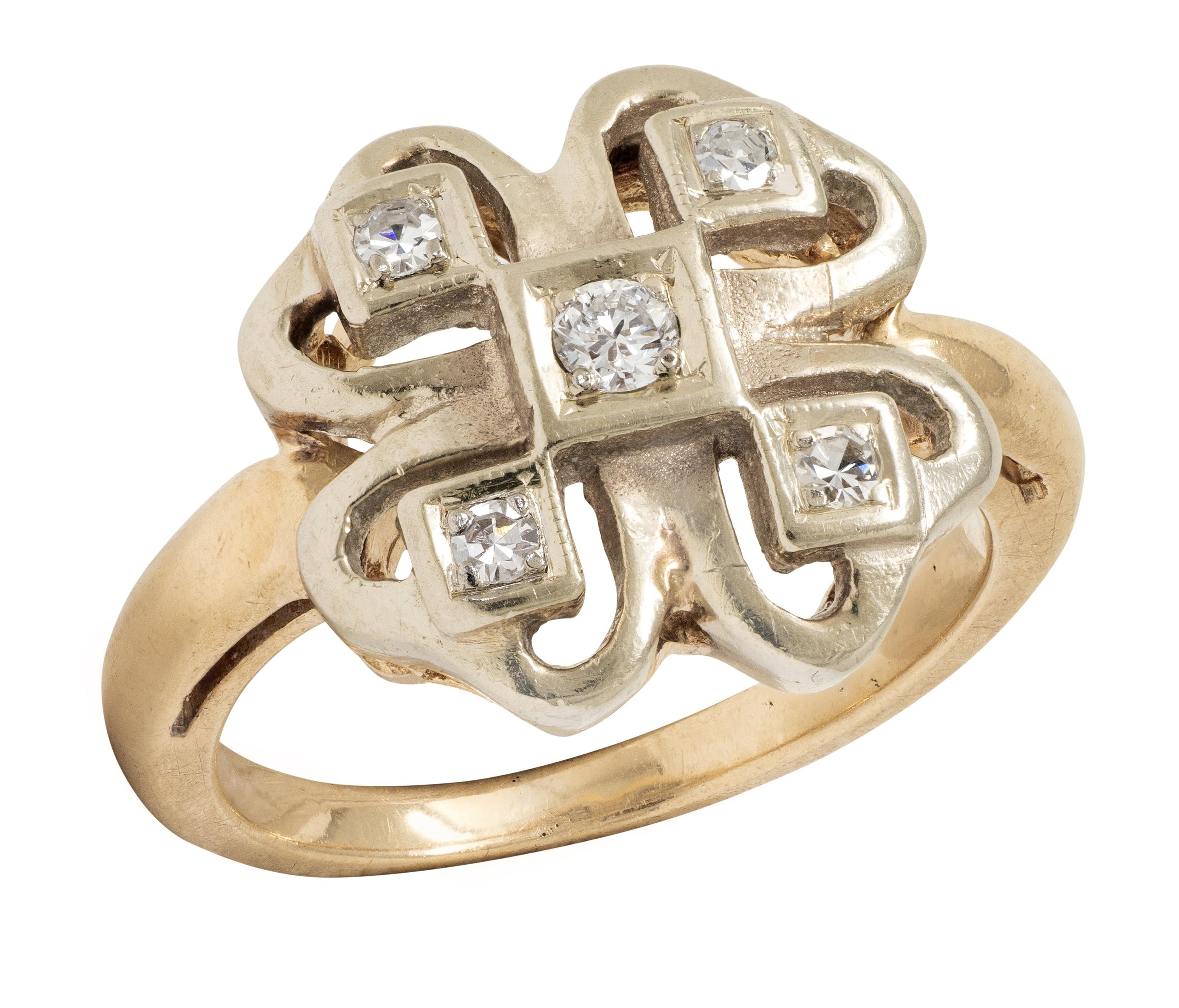 Retro Diamond 14 Karat Two-Tone Gold Vintage Four Leaf Clover Dinner Ring