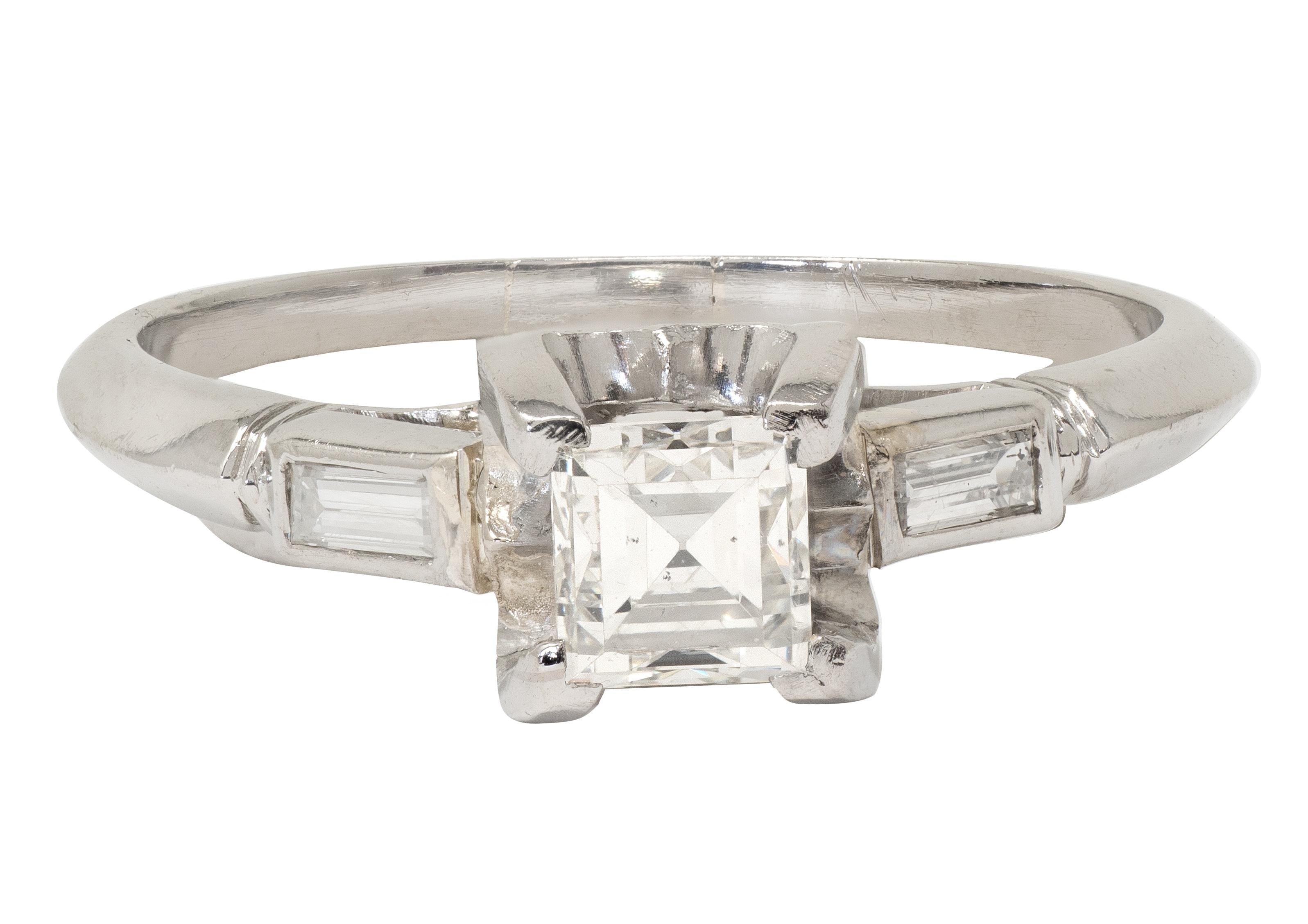 Mid-Century 0.70 CTW Carré Cut Diamond Platinum Vintage Engagement Ring