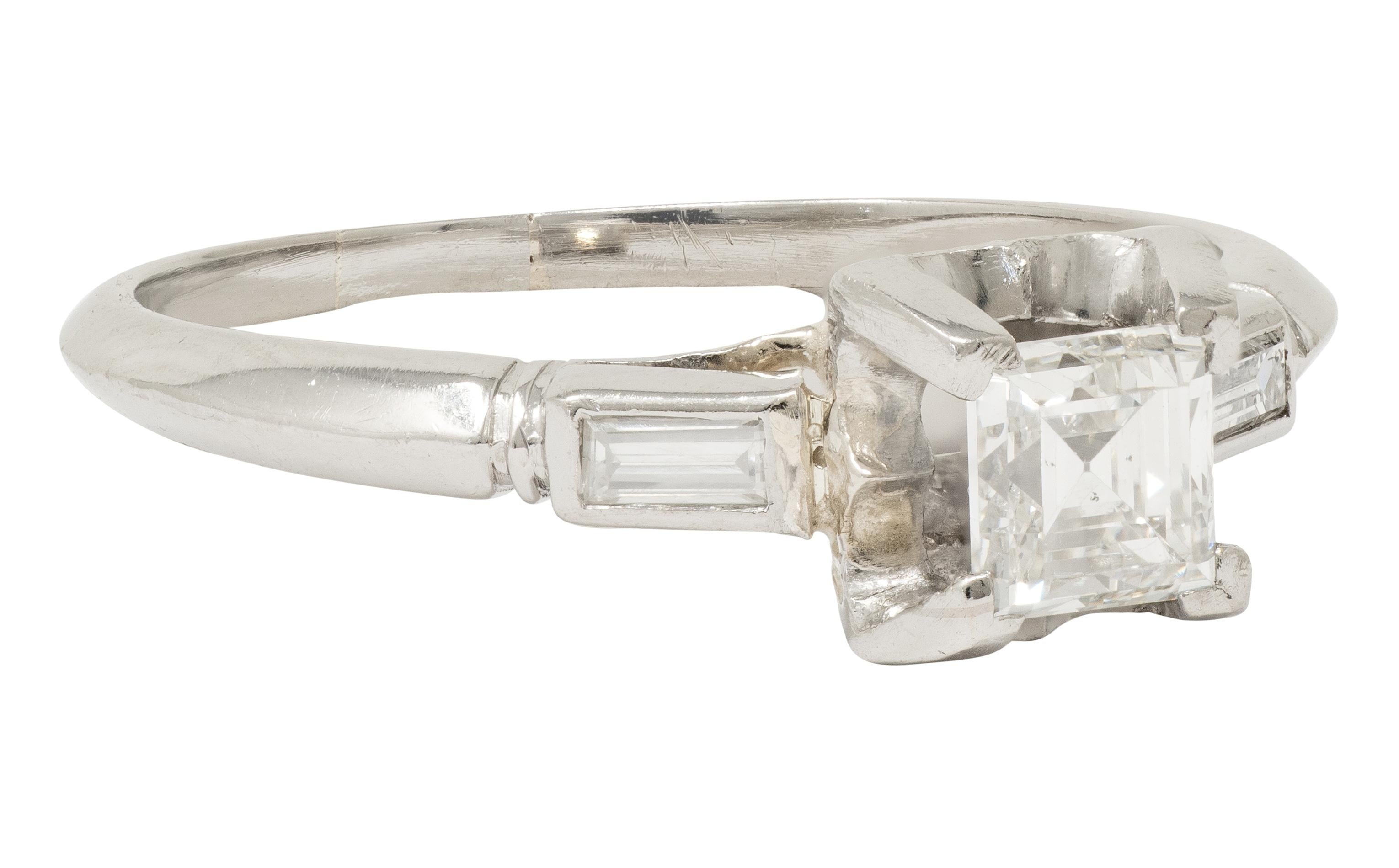 Mid-Century 0.70 CTW Carré Cut Diamond Platinum Vintage Engagement Ring