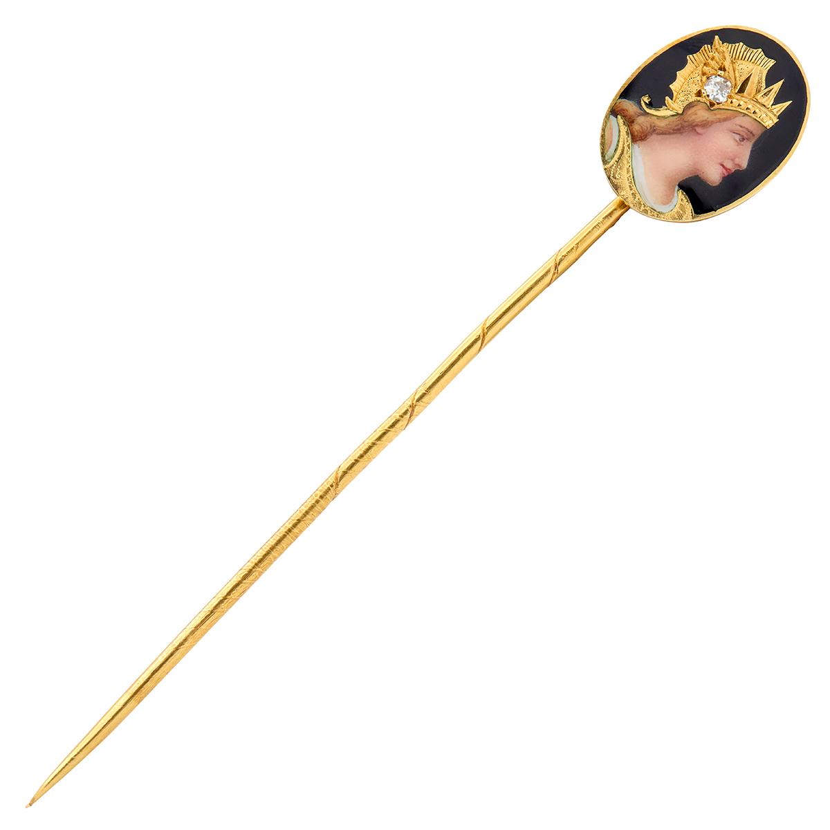 Victorian Old Mine Diamond Enamel 18K Gold Antique Greek Goddess Athena Stickpin