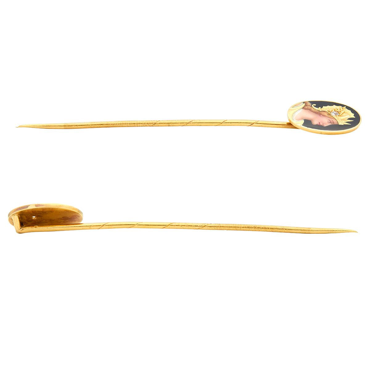 Victorian Old Mine Diamond Enamel 18K Gold Antique Greek Goddess Athena Stickpin