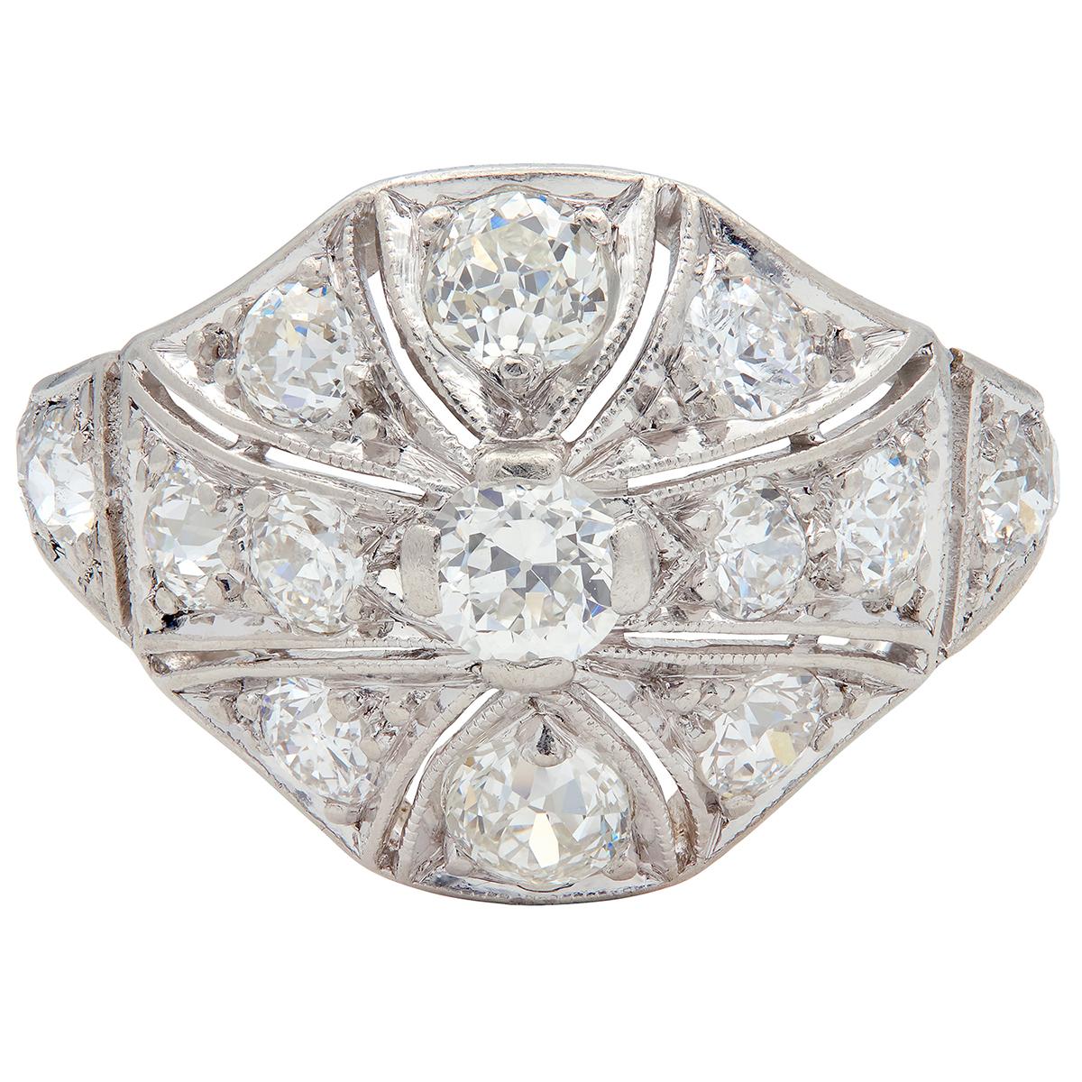 Art Deco Lambert Brothers 1.58 CTW Diamond Platinum Vintage Bombé Dinner Ring