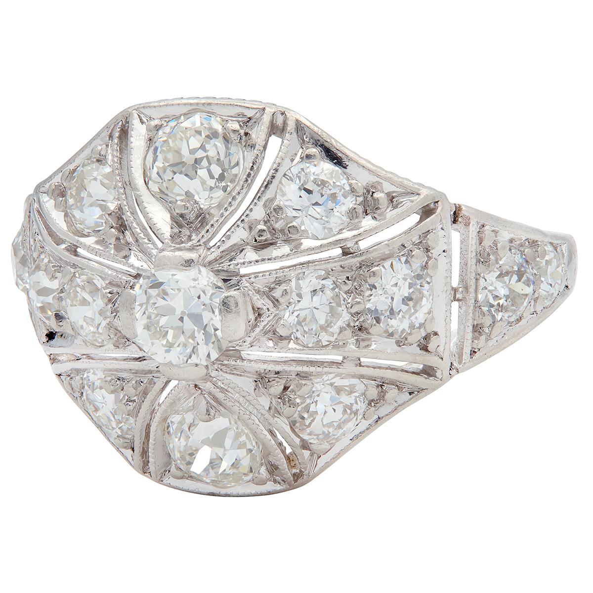 Art Deco Lambert Brothers 1.58 CTW Diamond Platinum Vintage Bombé Dinner Ring