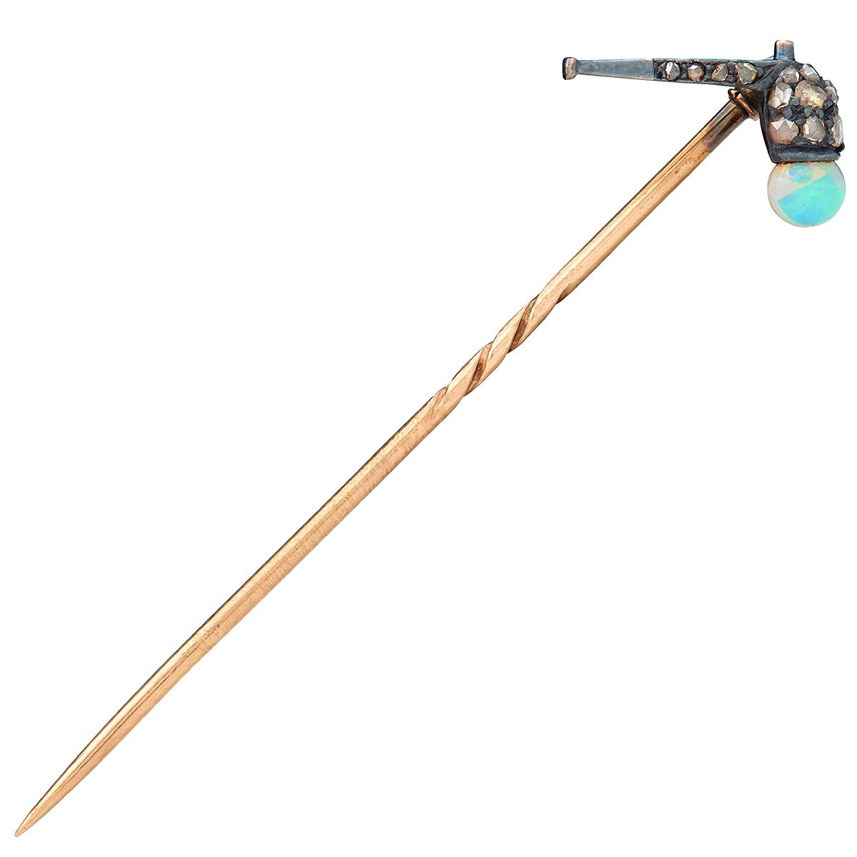 Victorian Opal Diamond Silver-Topped 14 Karat Gold Antique Pipe Stickpin