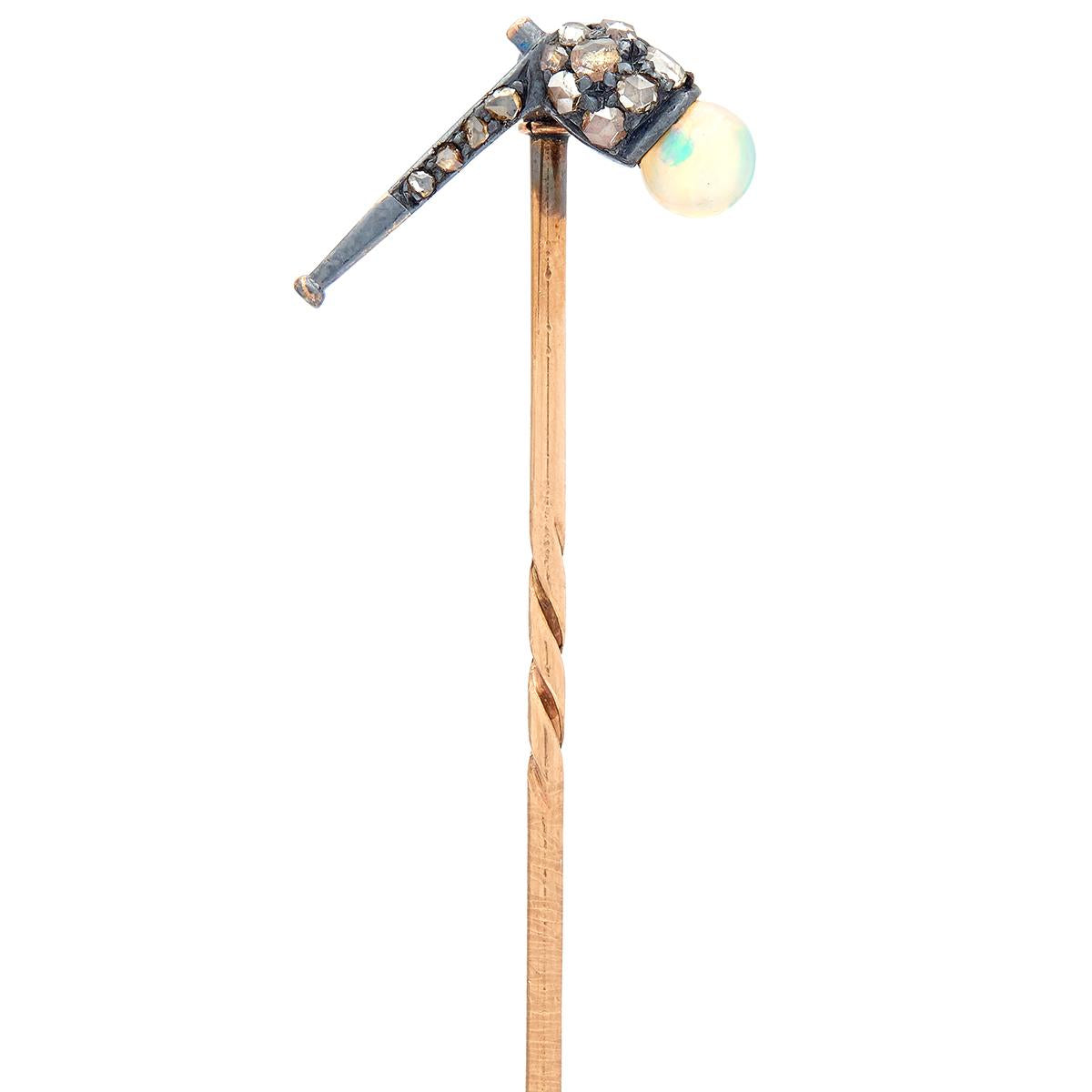 Victorian Opal Diamond Silver-Topped 14 Karat Gold Antique Pipe Stickpin