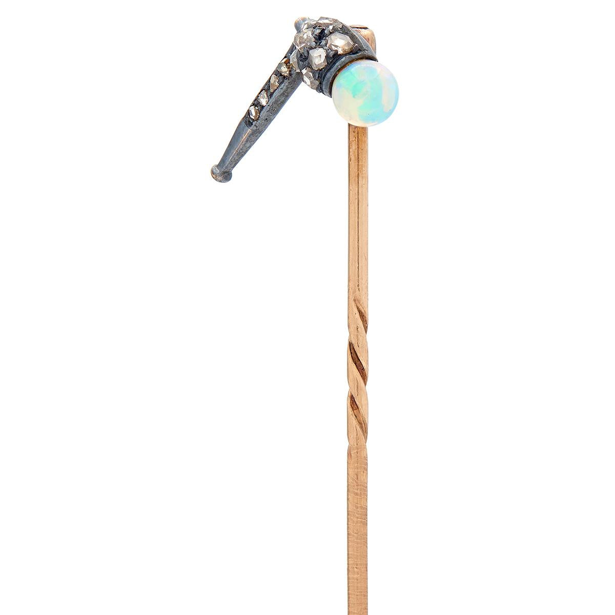 Victorian Opal Diamond Silver-Topped 14 Karat Gold Antique Pipe Stickpin