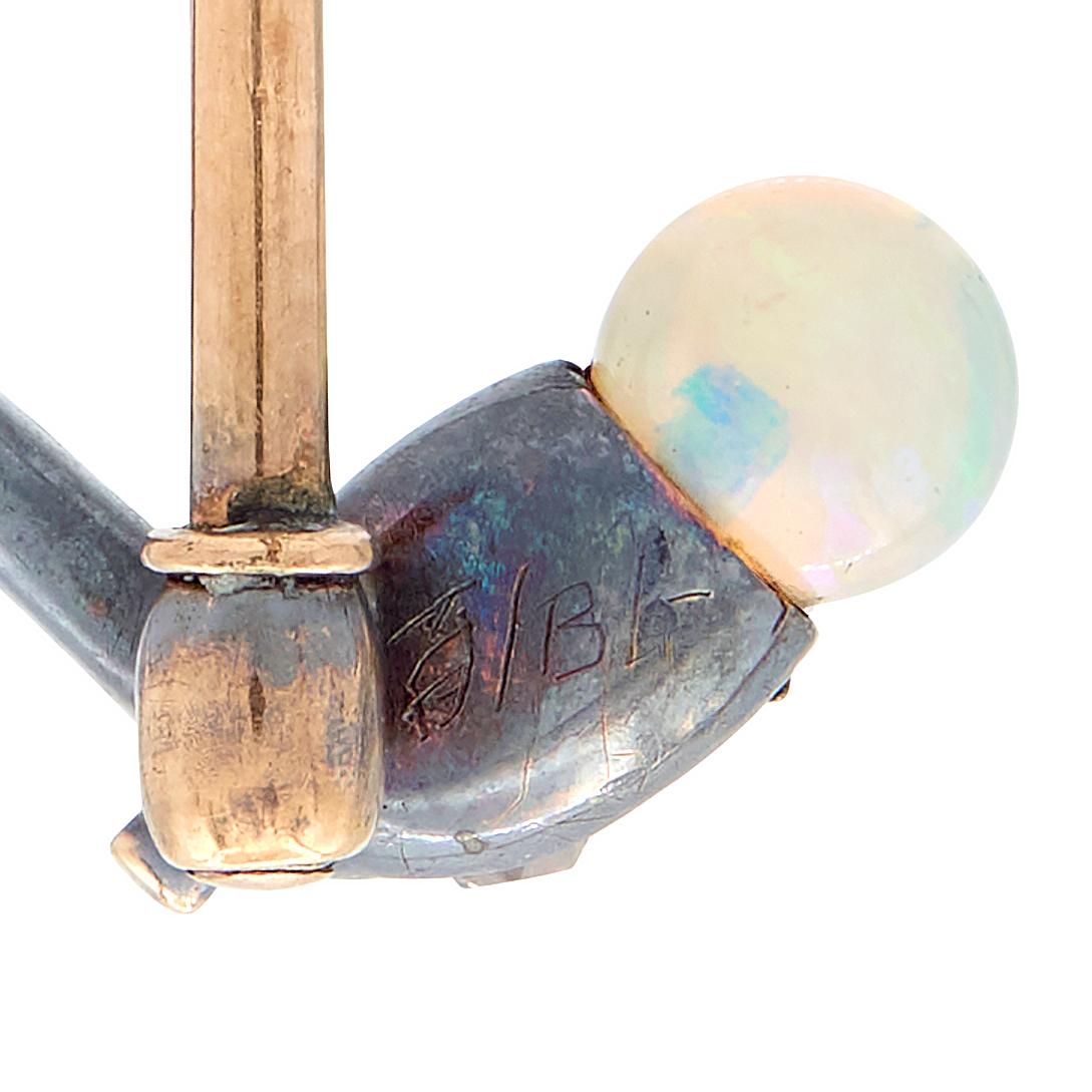 Victorian Opal Diamond Silver-Topped 14 Karat Gold Antique Pipe Stickpin