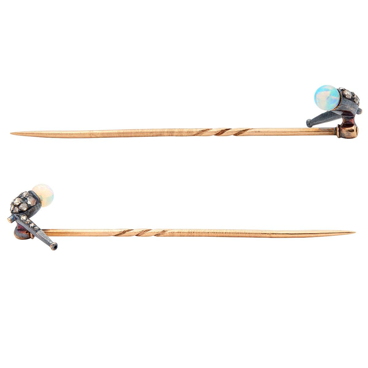 Victorian Opal Diamond Silver-Topped 14 Karat Gold Antique Pipe Stickpin