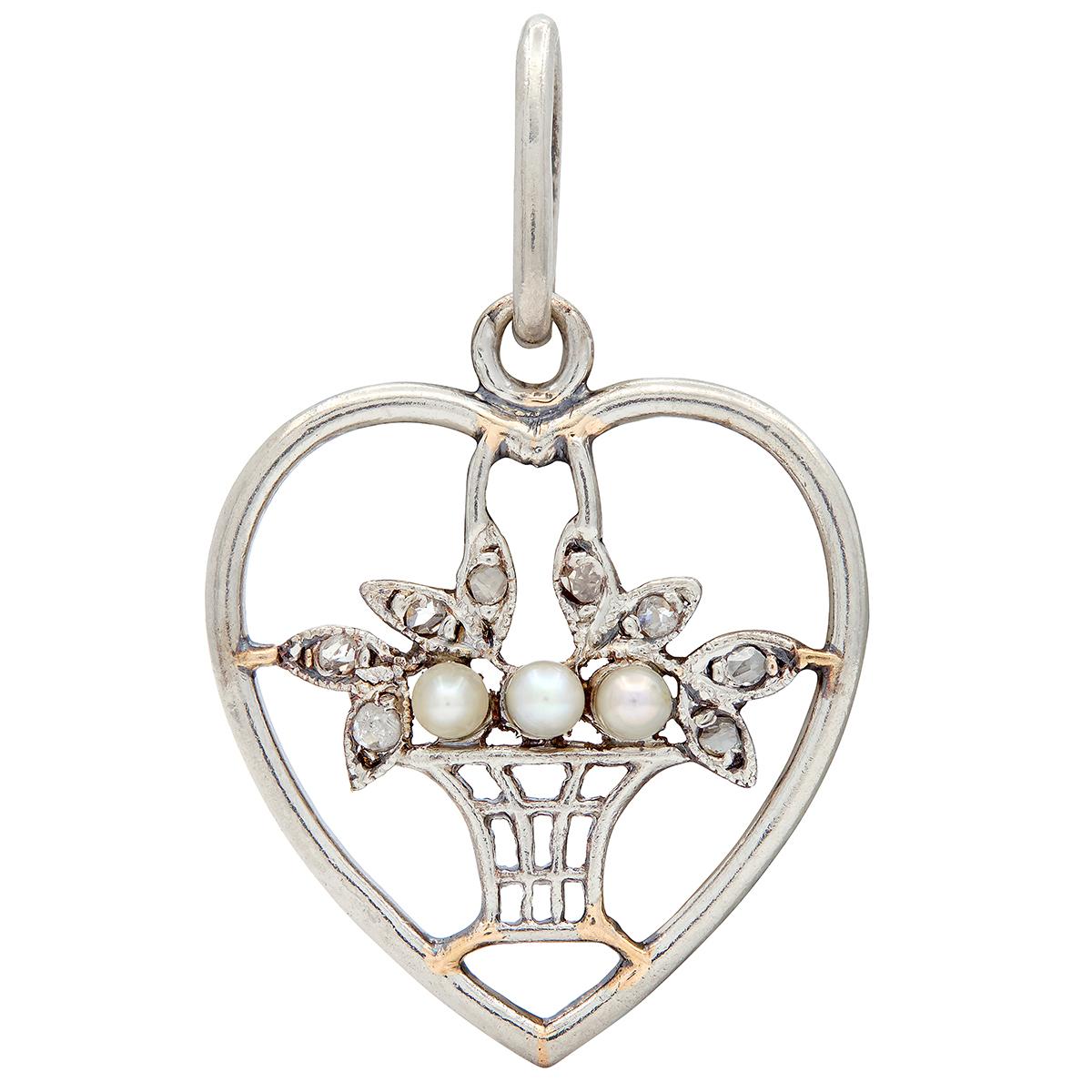 Edwardian Diamond Pearl Platinum 18K Gold Antique Giradinetto Floral Heart Charm