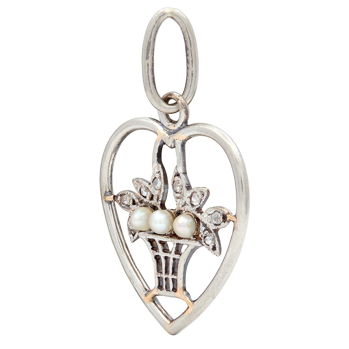 Edwardian Diamond Pearl Platinum 18K Gold Antique Giradinetto Floral Heart Charm