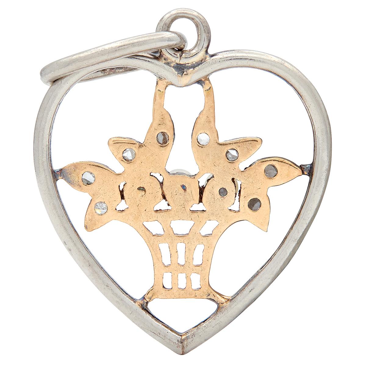 Edwardian Diamond Pearl Platinum 18K Gold Antique Giradinetto Floral Heart Charm