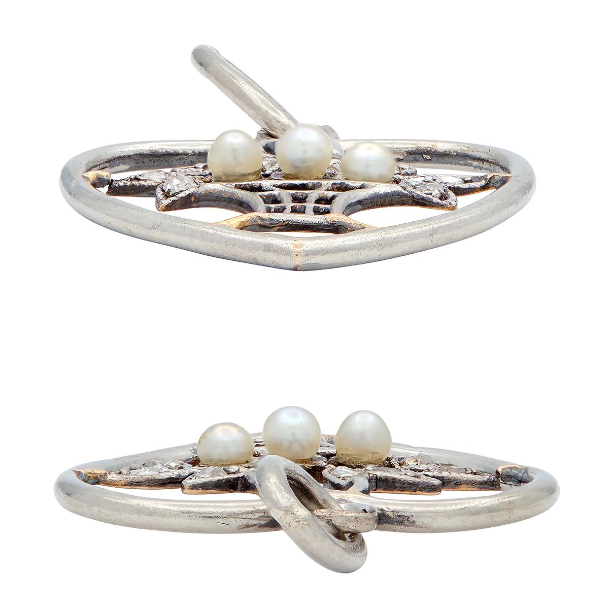 Edwardian Diamond Pearl Platinum 18K Gold Antique Giradinetto Floral Heart Charm