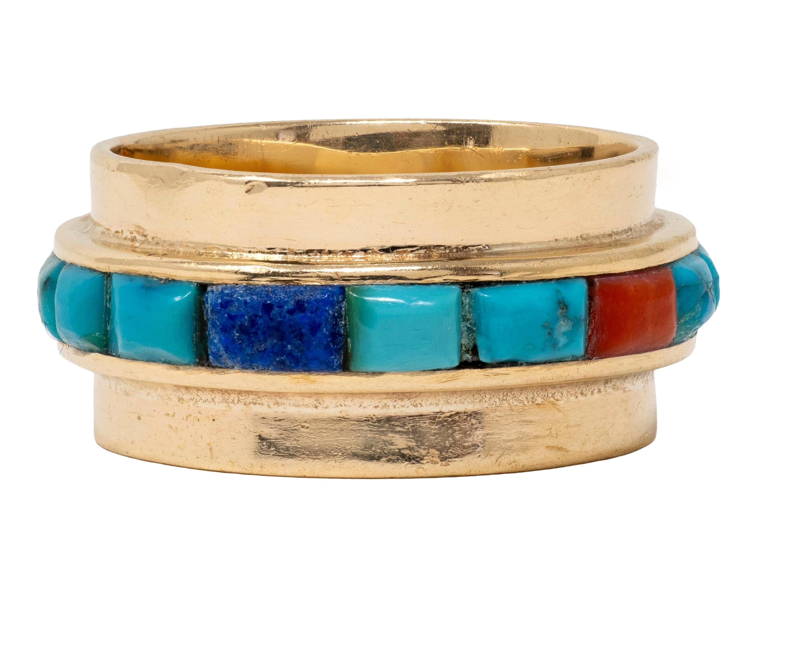 Charles Laloma 1970's Lapis Lazuli Turquoise Coral 14K Gold Vintage Band Ring