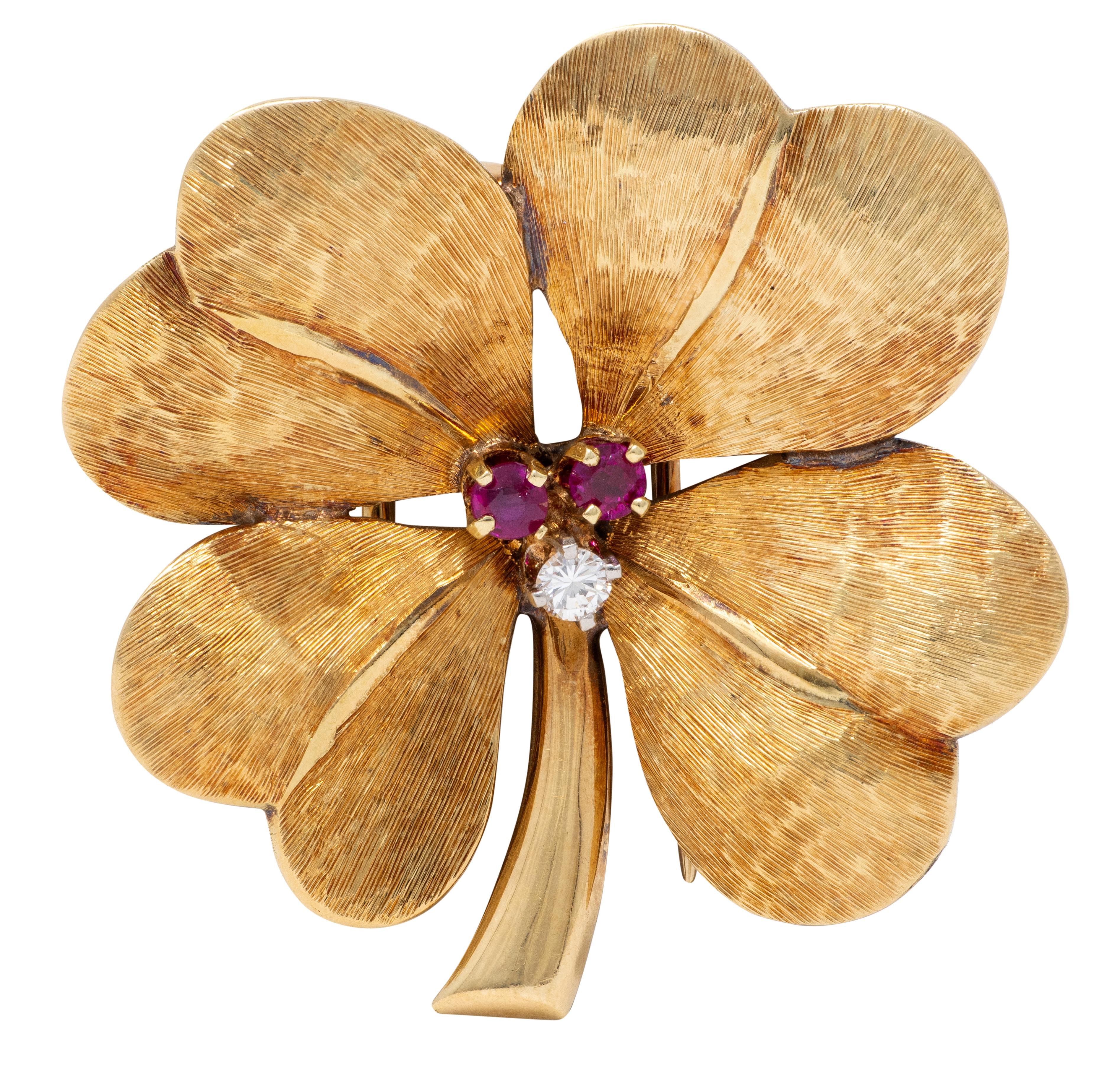 Tiffany & Co. 1950's Diamond Ruby 14K Gold Antique Four Leaf Clover Brooch