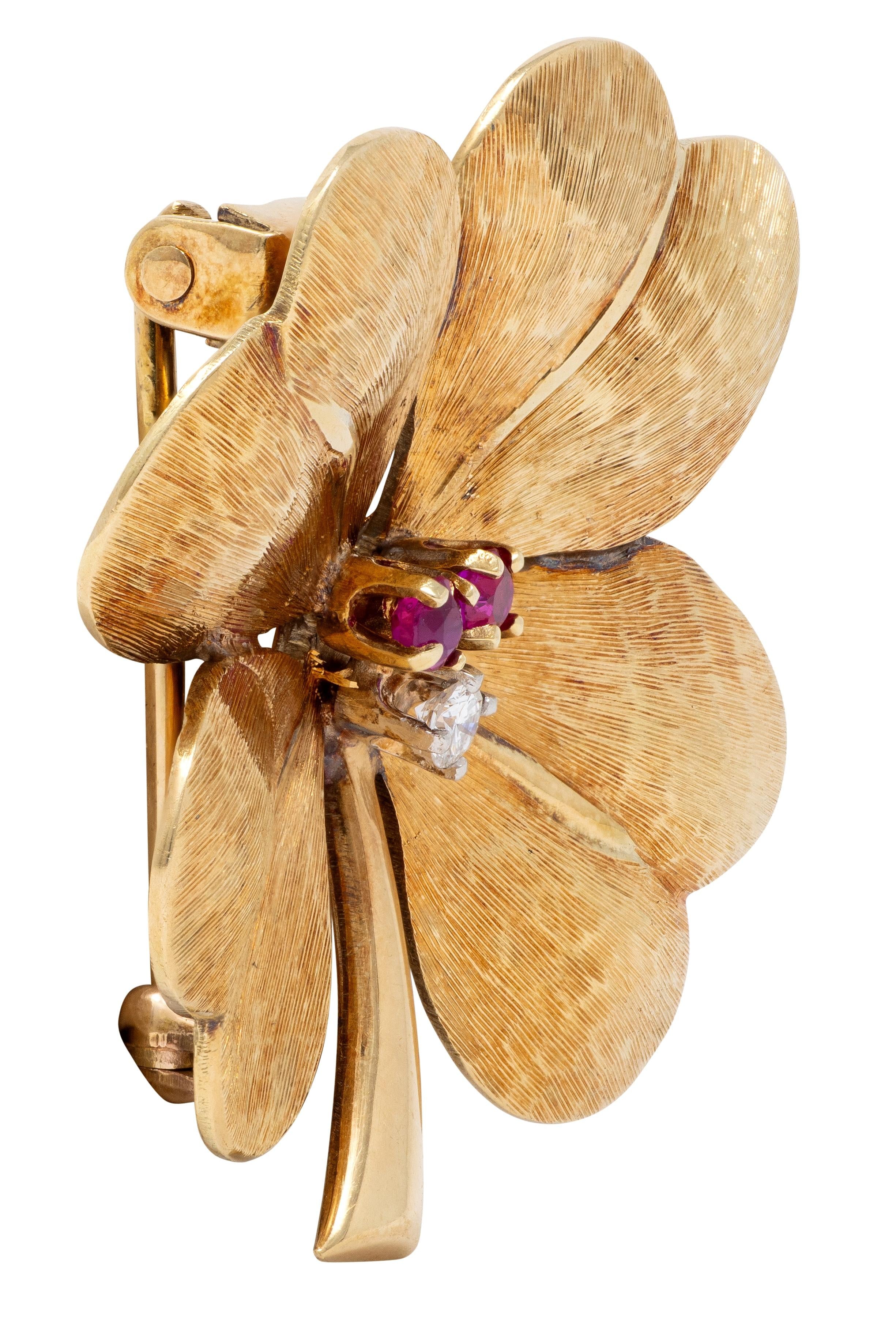 Tiffany & Co. 1950's Diamond Ruby 14K Gold Antique Four Leaf Clover Brooch