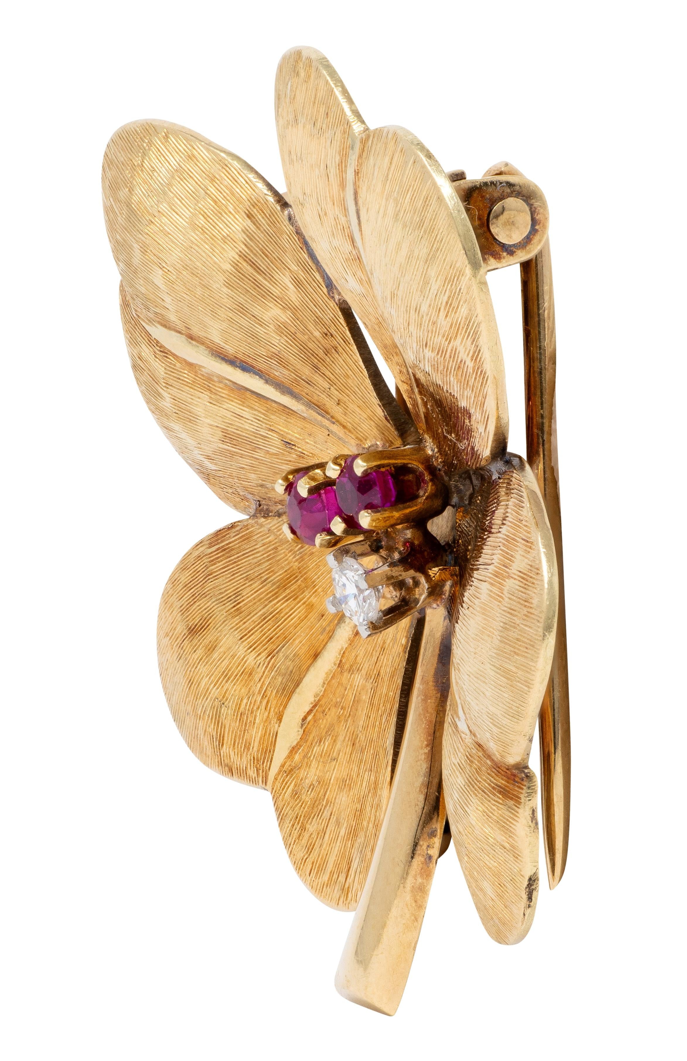 Tiffany & Co. 1950's Diamond Ruby 14K Gold Antique Four Leaf Clover Brooch