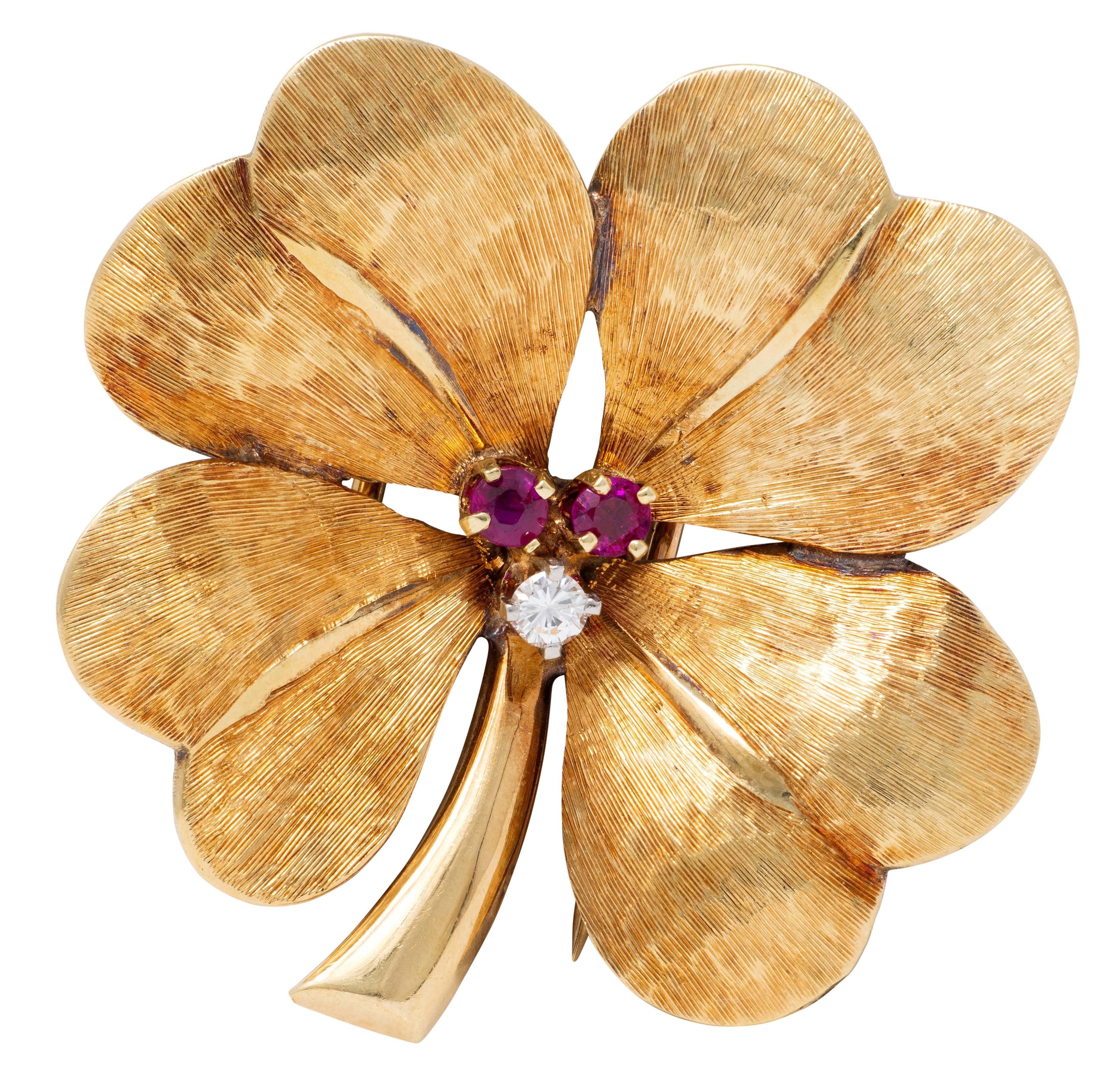 Tiffany & Co. 1950's Diamond Ruby 14K Gold Antique Four Leaf Clover Brooch