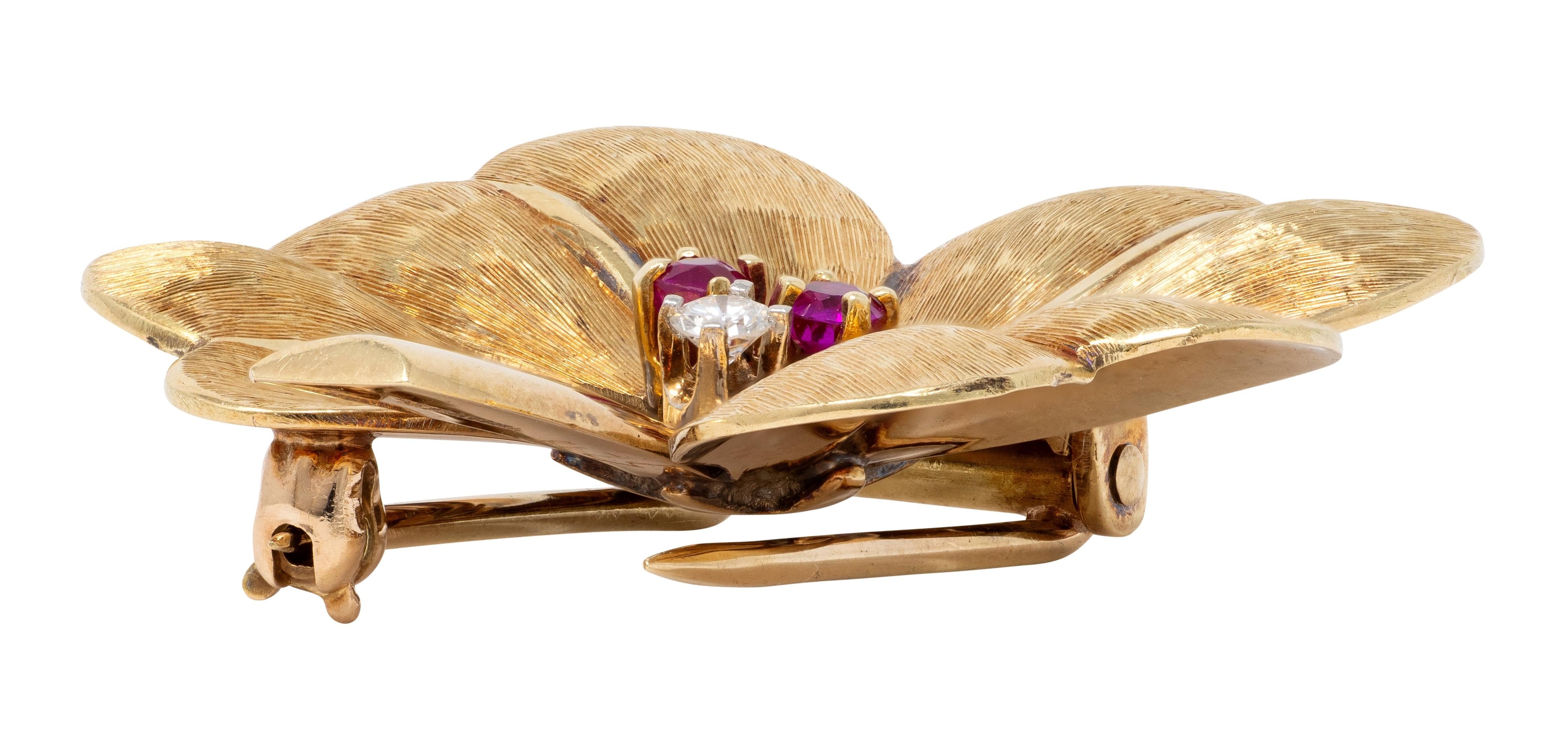 Tiffany & Co. 1950's Diamond Ruby 14K Gold Antique Four Leaf Clover Brooch