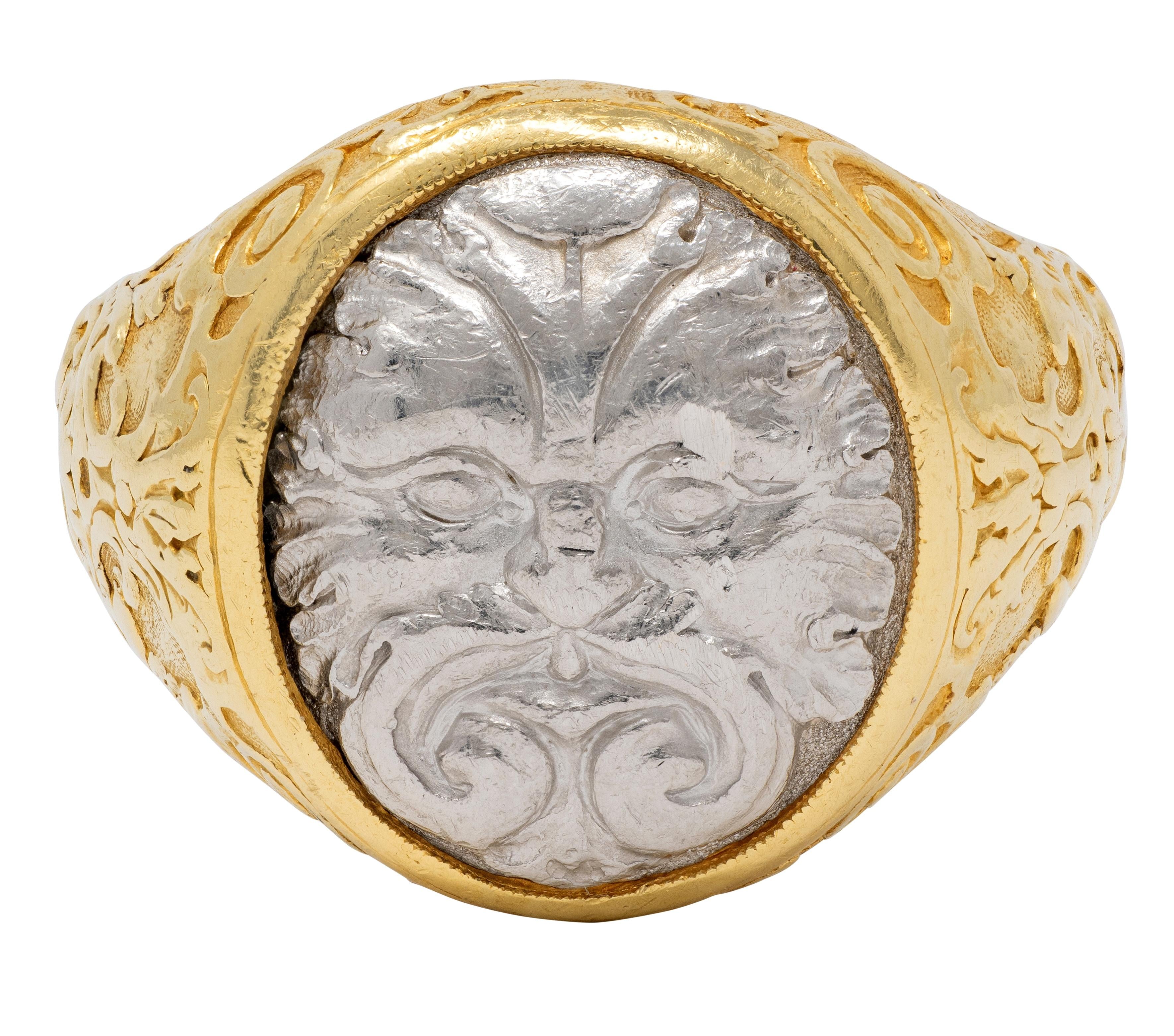 Paul Lantuch 2000's 18 Karat Yellow Gold Platinum Unisex Green Man Signet