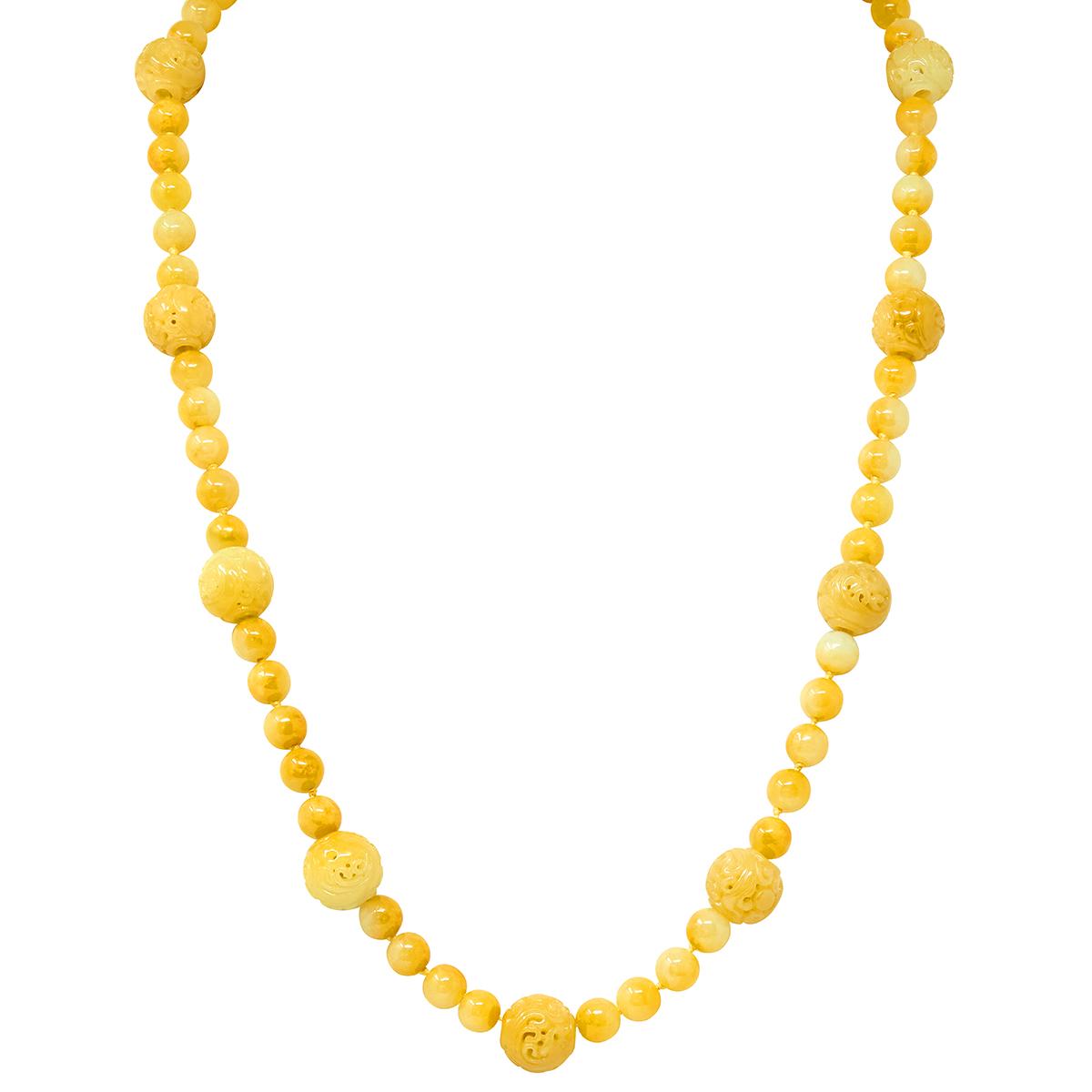 Gumps 1970's Yellow Jade 14K Yellow Gold Vintage Carved Beaded Strand Necklace