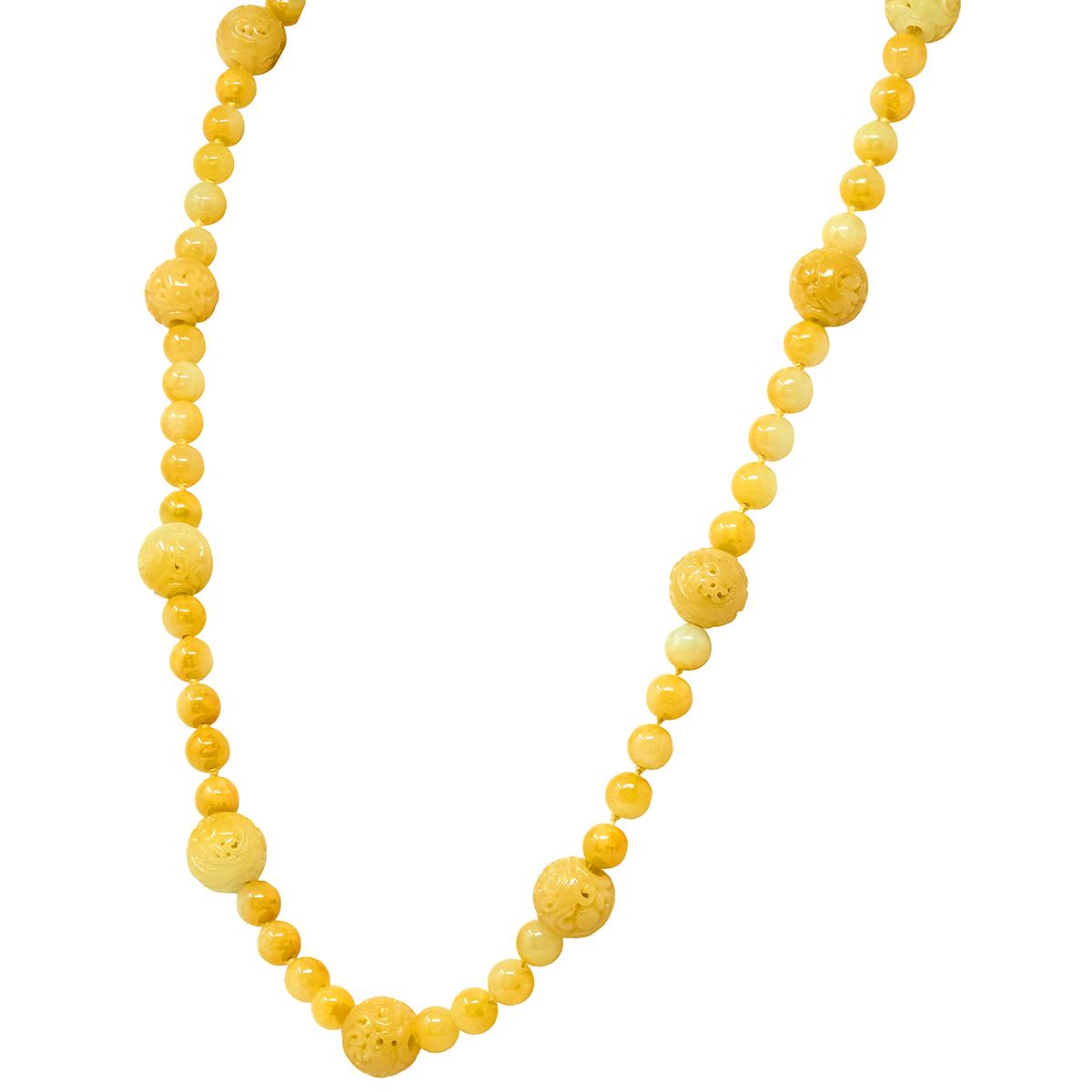 Gumps 1970's Yellow Jade 14K Yellow Gold Vintage Carved Beaded Strand Necklace