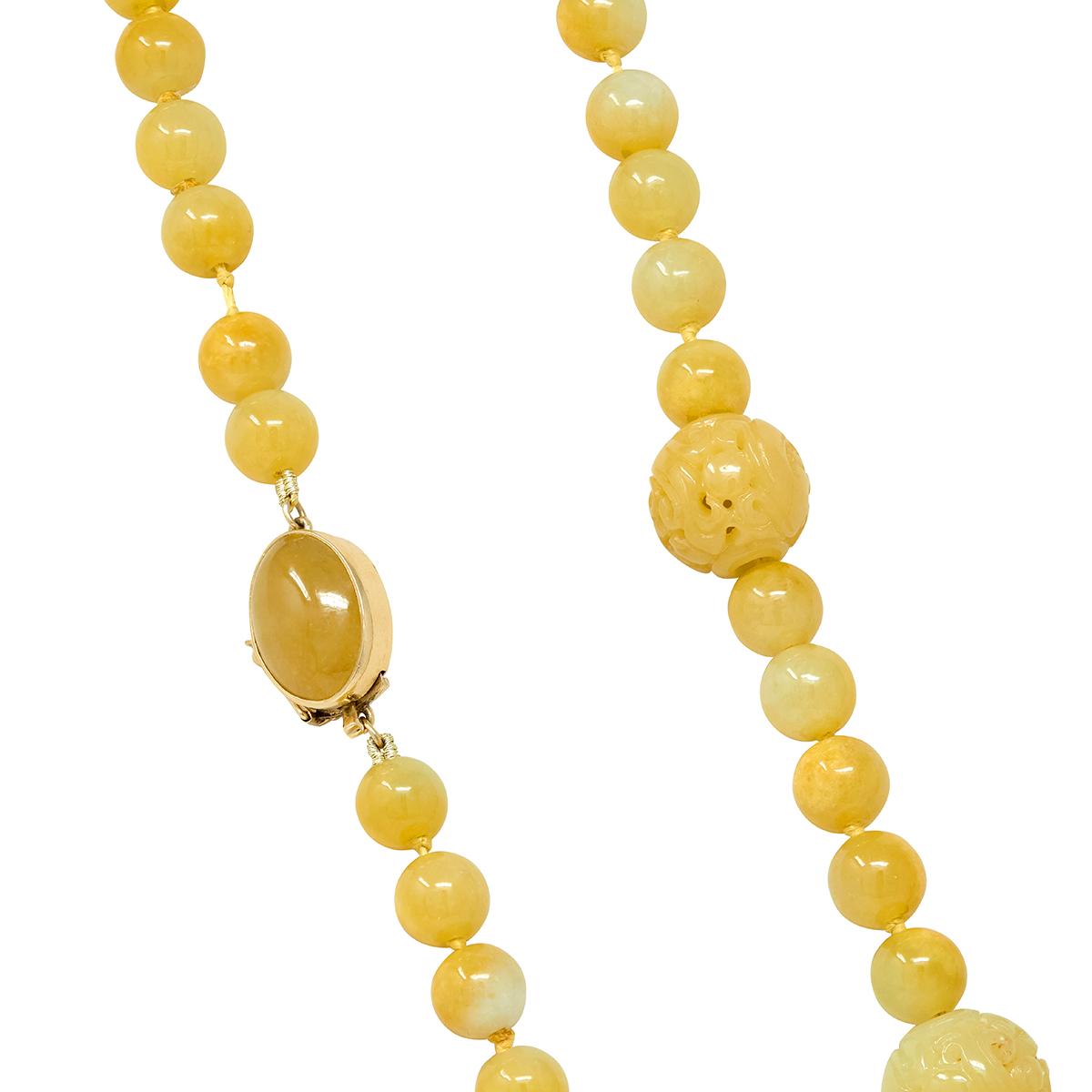 Gumps 1970's Yellow Jade 14K Yellow Gold Vintage Carved Beaded Strand Necklace