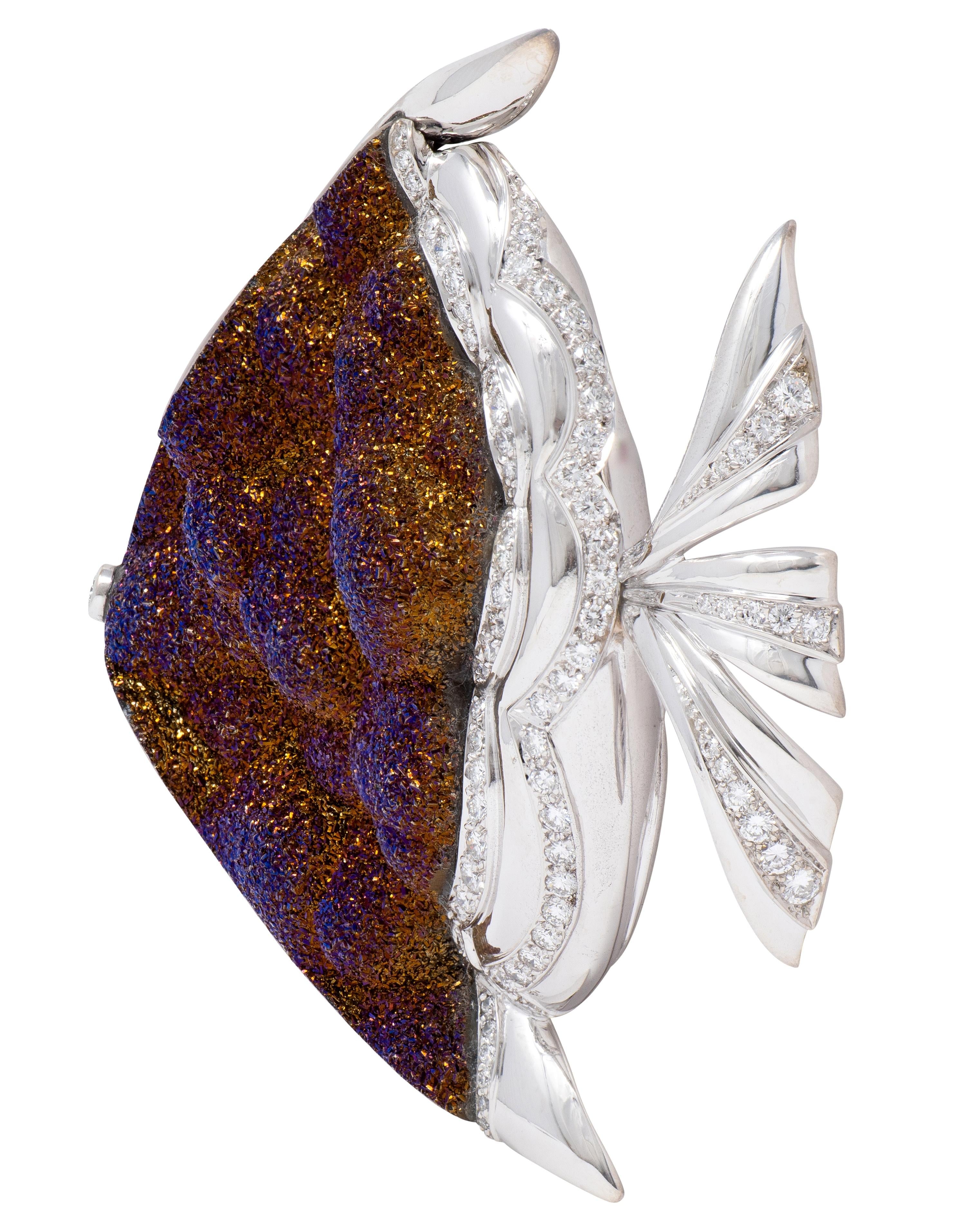 Mauboussin Paris 1990 Diamond Platinum Vintage Titania Drusy Quartz Fish Brooch