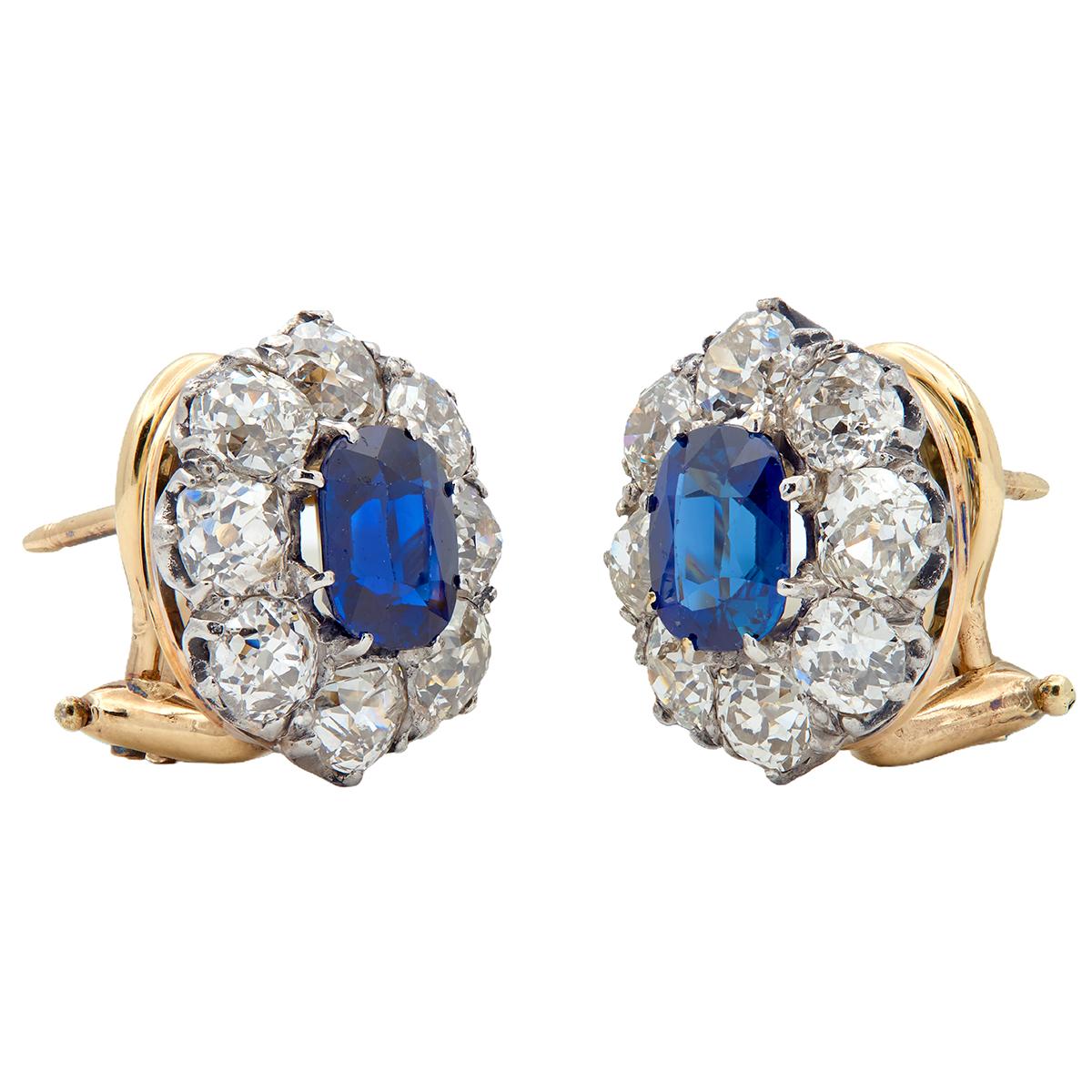 5.26 CTW Sapphire Diamond 14 Karat Yellow Gold Platinum Vintage Halo Earrings