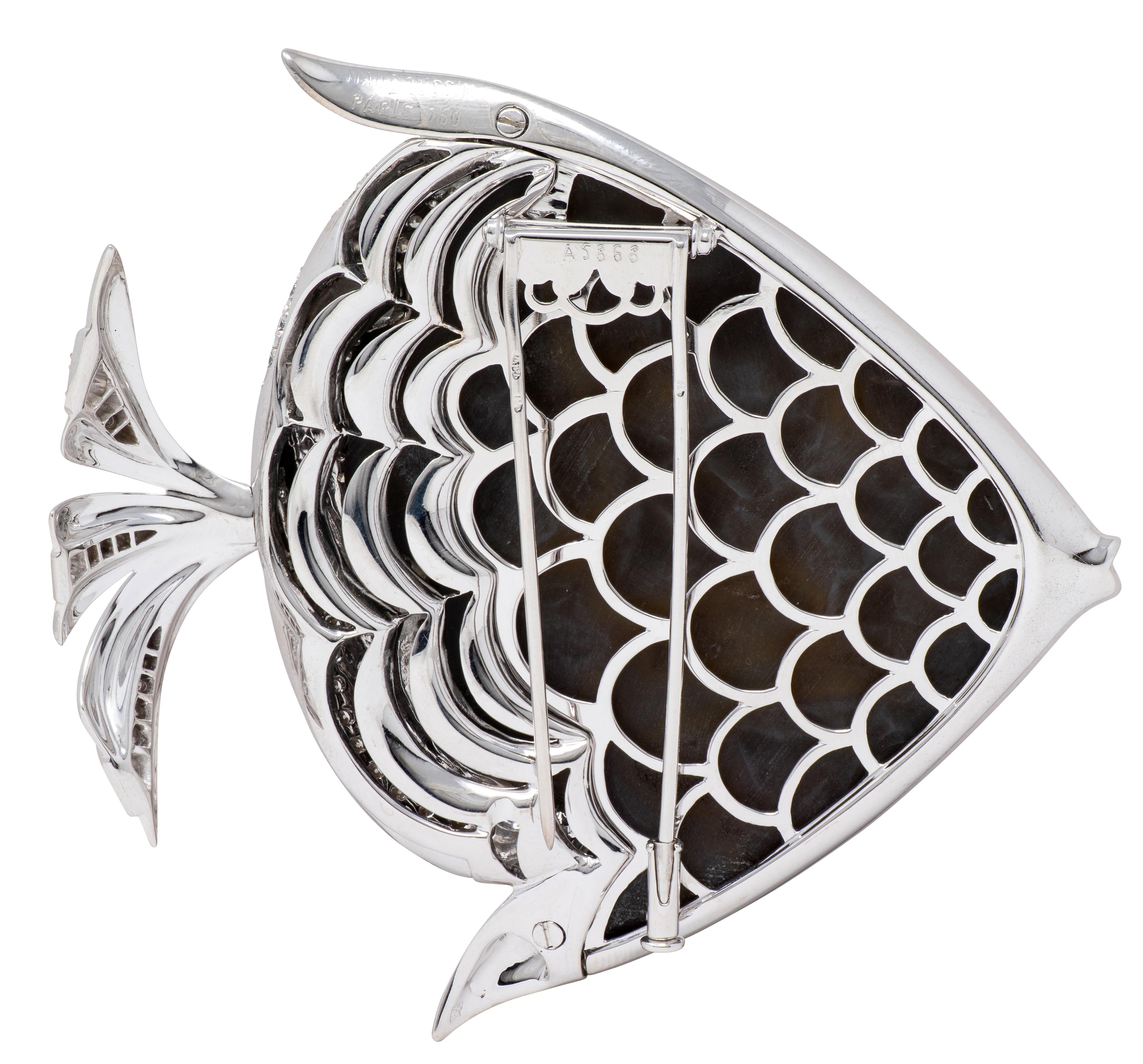 Mauboussin Paris 1990 Diamond Platinum Vintage Titania Drusy Quartz Fish Brooch