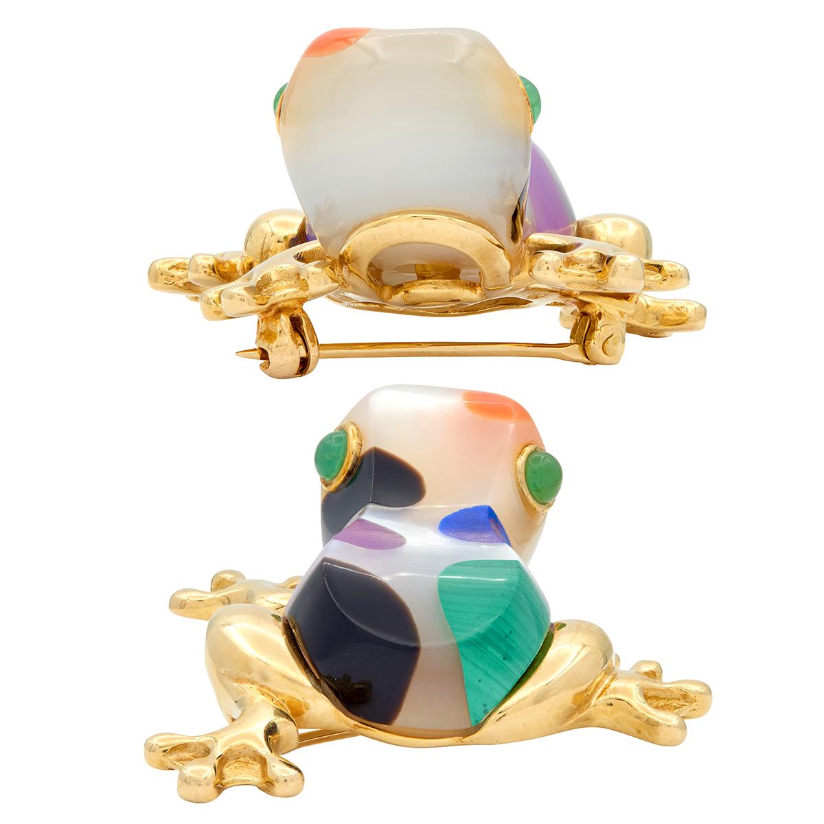Asch Grossbardt 1980's Multi-Gem 14 Karat Yellow Gold Vintage Inlay Frog Brooch