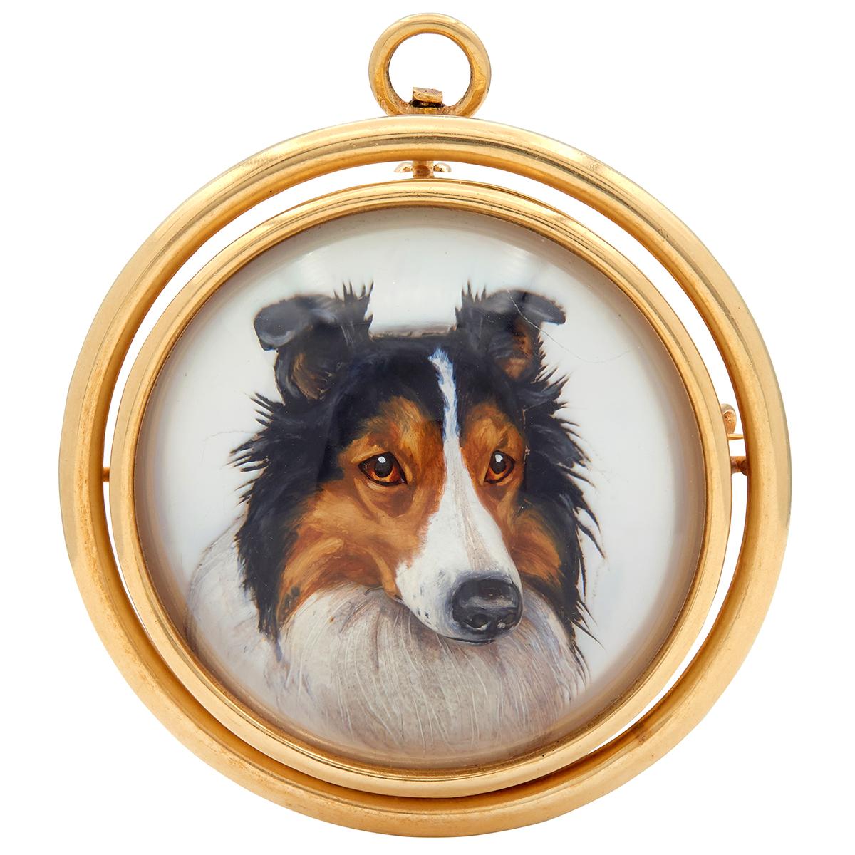 Krementz & Co. 1900's Essex Crystal 14K Yellow Gold Antique Collie Dog Brooch