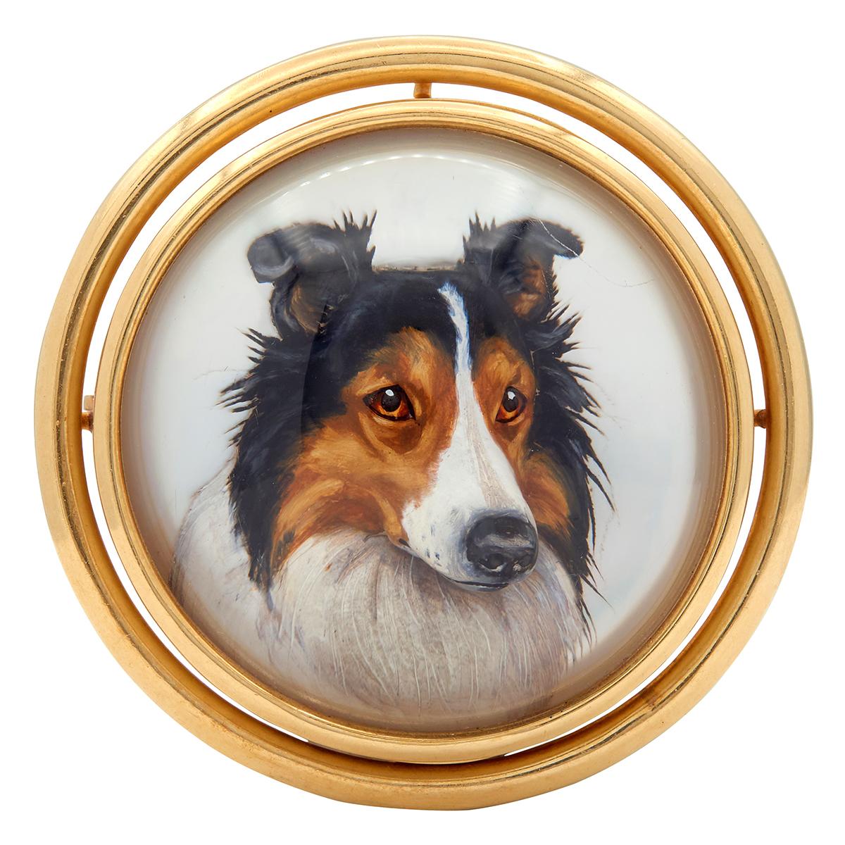 Krementz & Co. 1900's Essex Crystal 14K Yellow Gold Antique Collie Dog Brooch