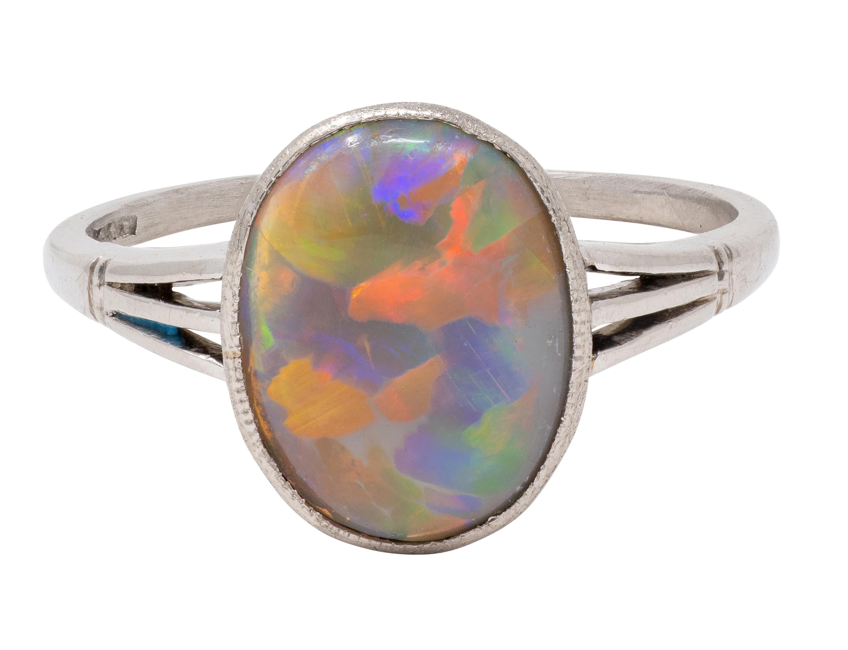 Art Deco Opal Platinum Vintage Bezel Signet Ring