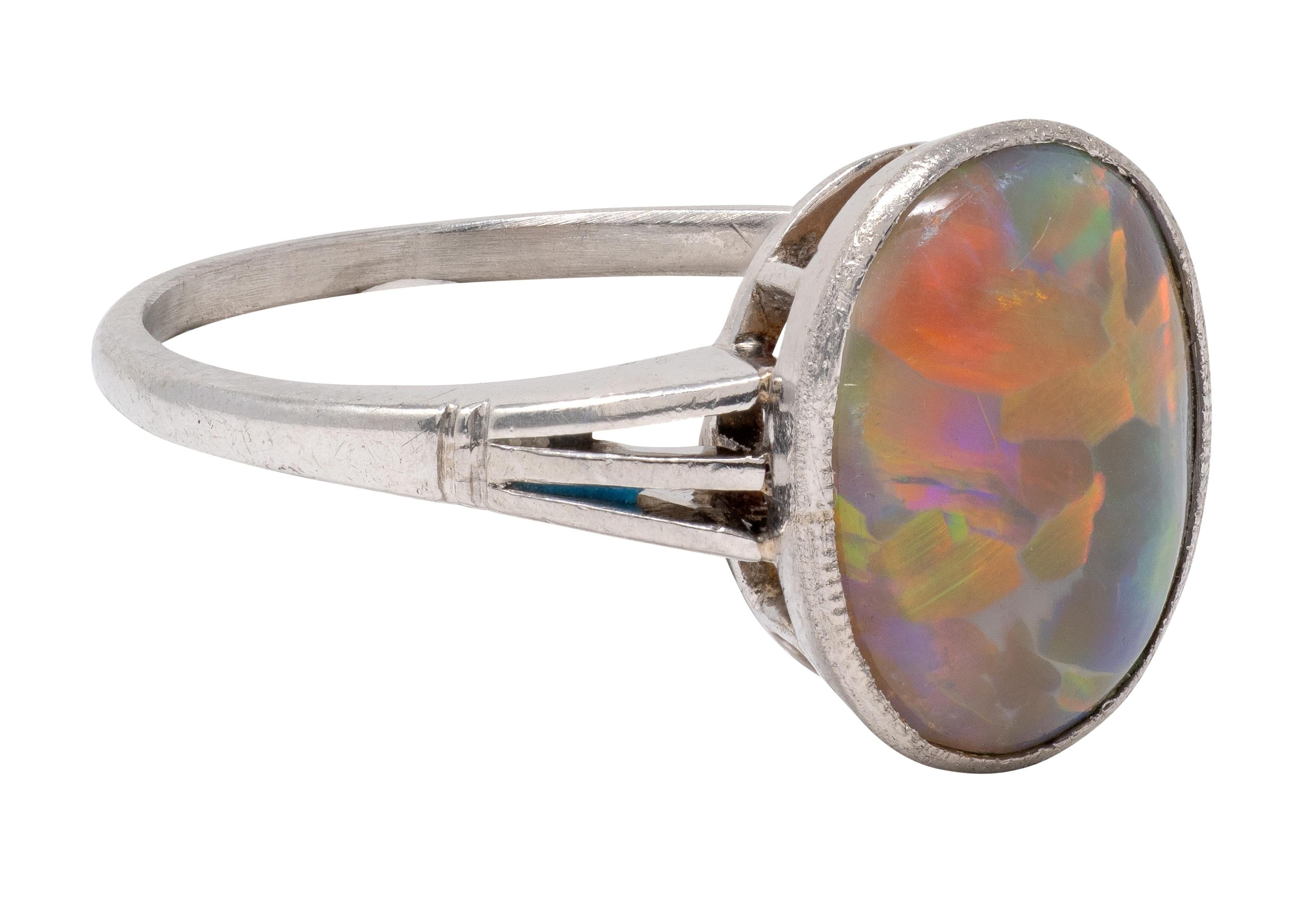 Art Deco Opal Platinum Vintage Bezel Signet Ring
