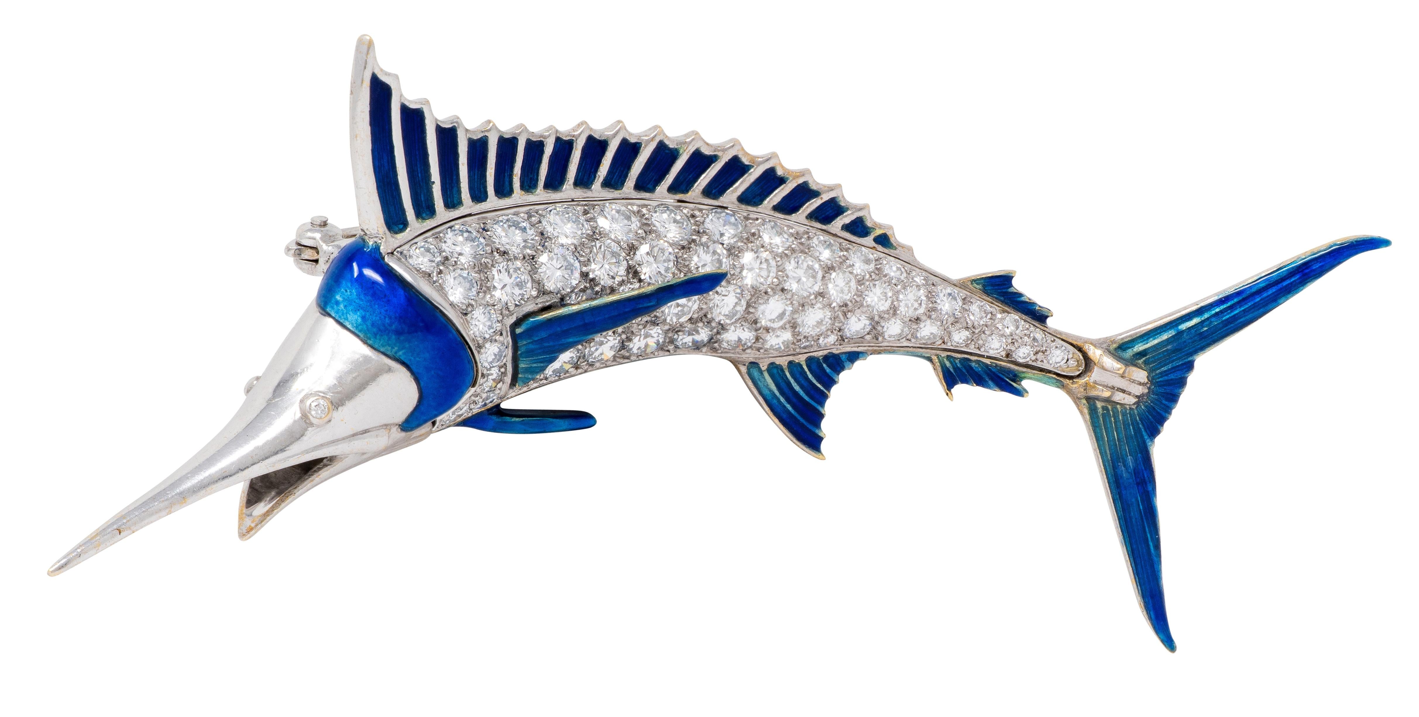 1950's Diamond Enamel 18 Karat White Gold Vintage Blue Marlin Fish Brooch