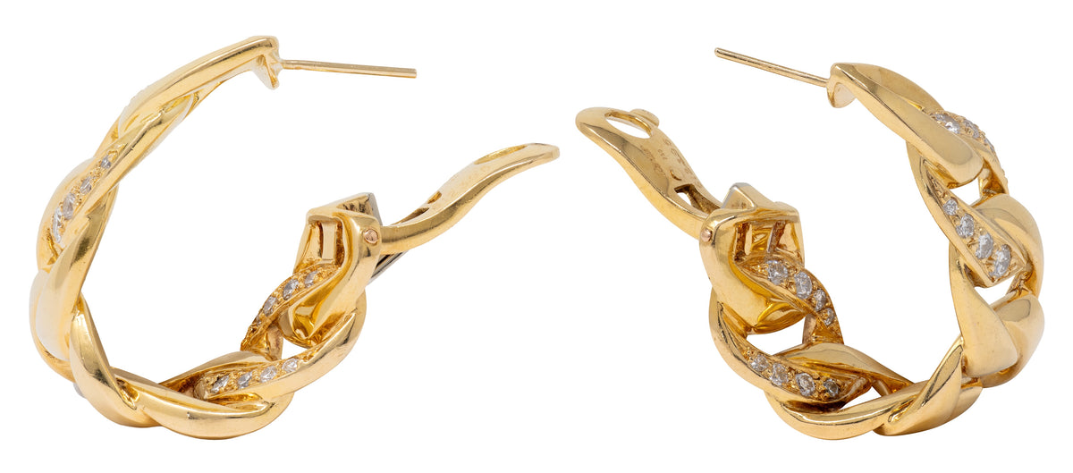 Cartier French 1980's Diamond 18 Karat Yellow Gold Vintage Chain Link Inside-Outside Hoop Earrings
