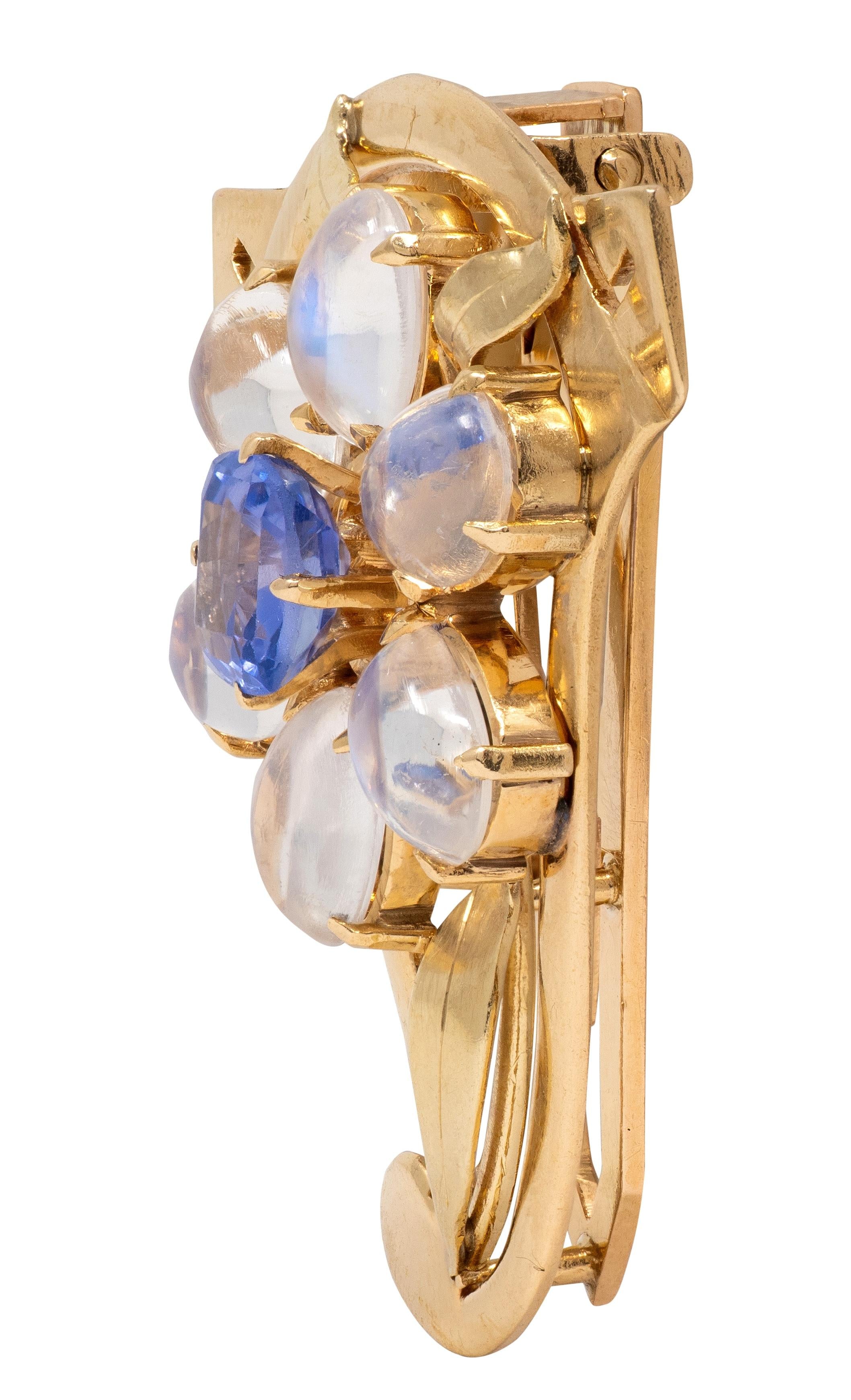Retro Sapphire Moonstone 14 Karat Yellow Gold Vintage Floral Brooch Clips