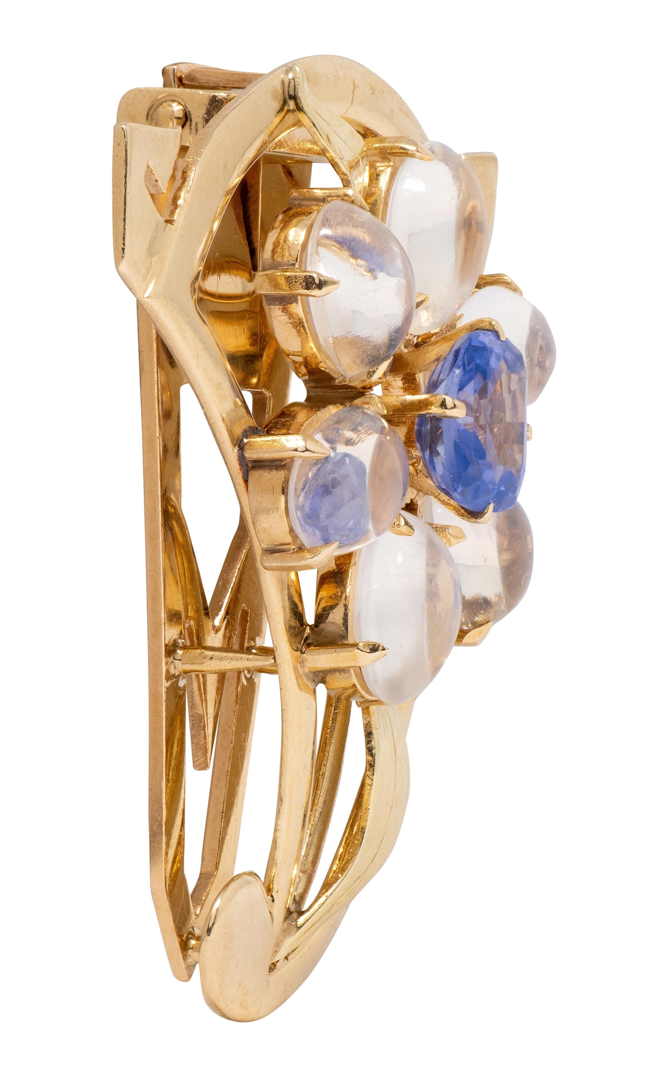 Retro Sapphire Moonstone 14 Karat Yellow Gold Vintage Floral Brooch Clips