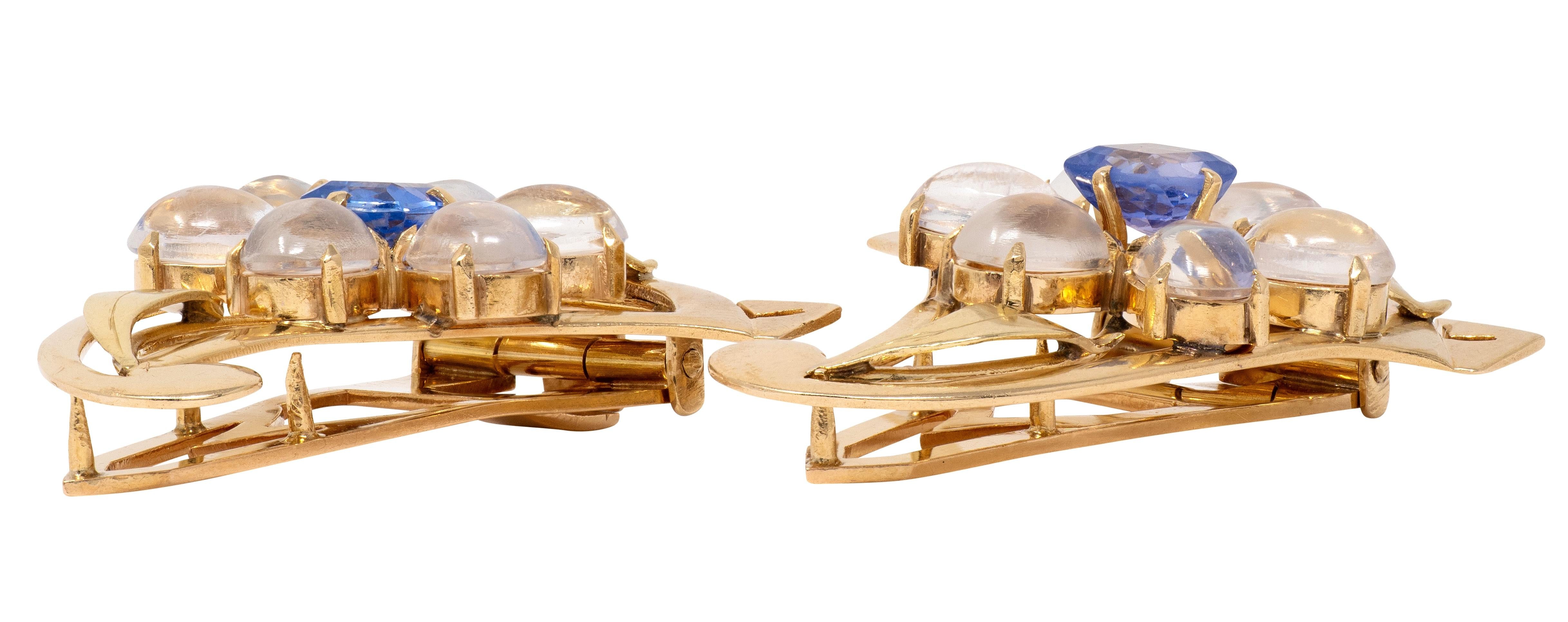 Retro Sapphire Moonstone 14 Karat Yellow Gold Vintage Floral Brooch Clips