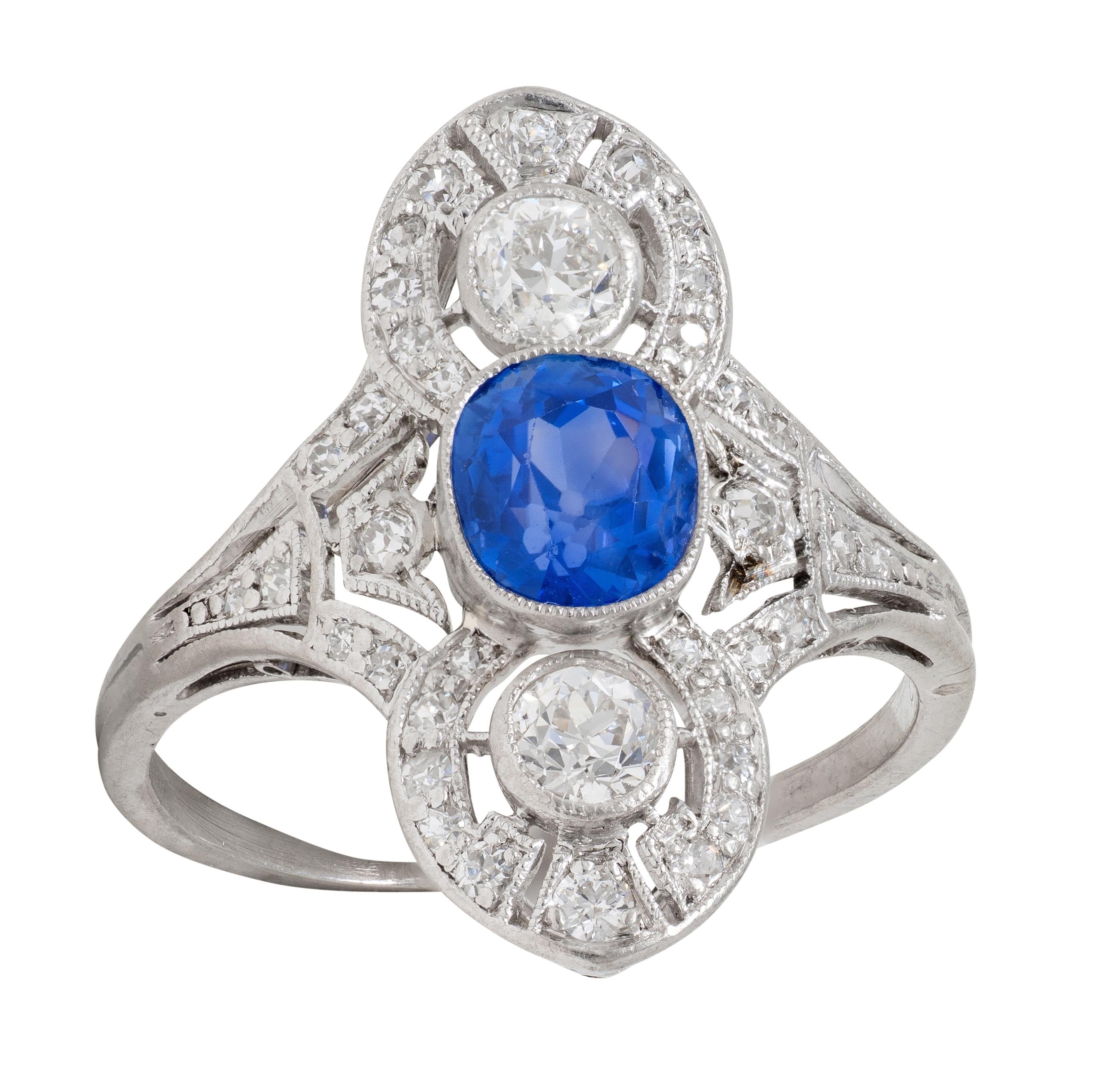 Art Deco 1.70 CTW No Heat Ceylon Sapphire Diamond Vintage Dinner Ring AGL
