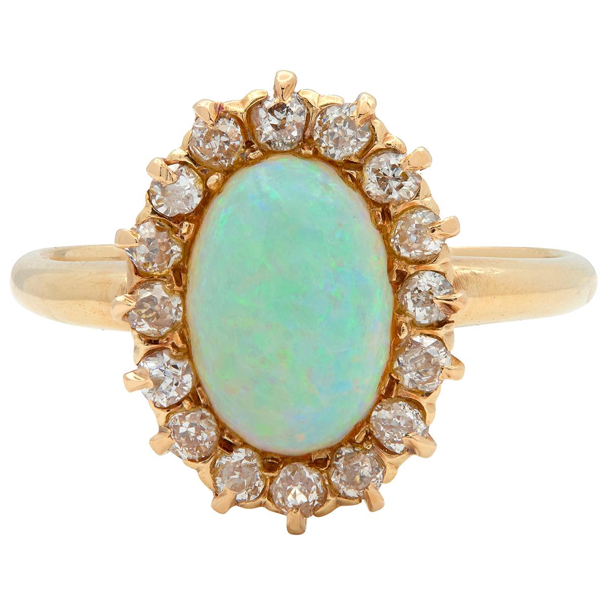 Edwardian Opal Diamond 14 Karat Yellow Gold Antique Halo Ring
