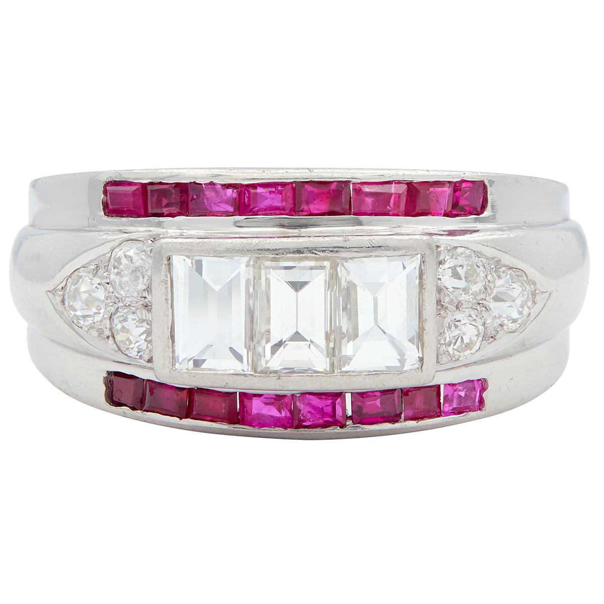 Art Deco 1.88 CTW Ruby Diamond Platinum Vintage Wide Band Ring