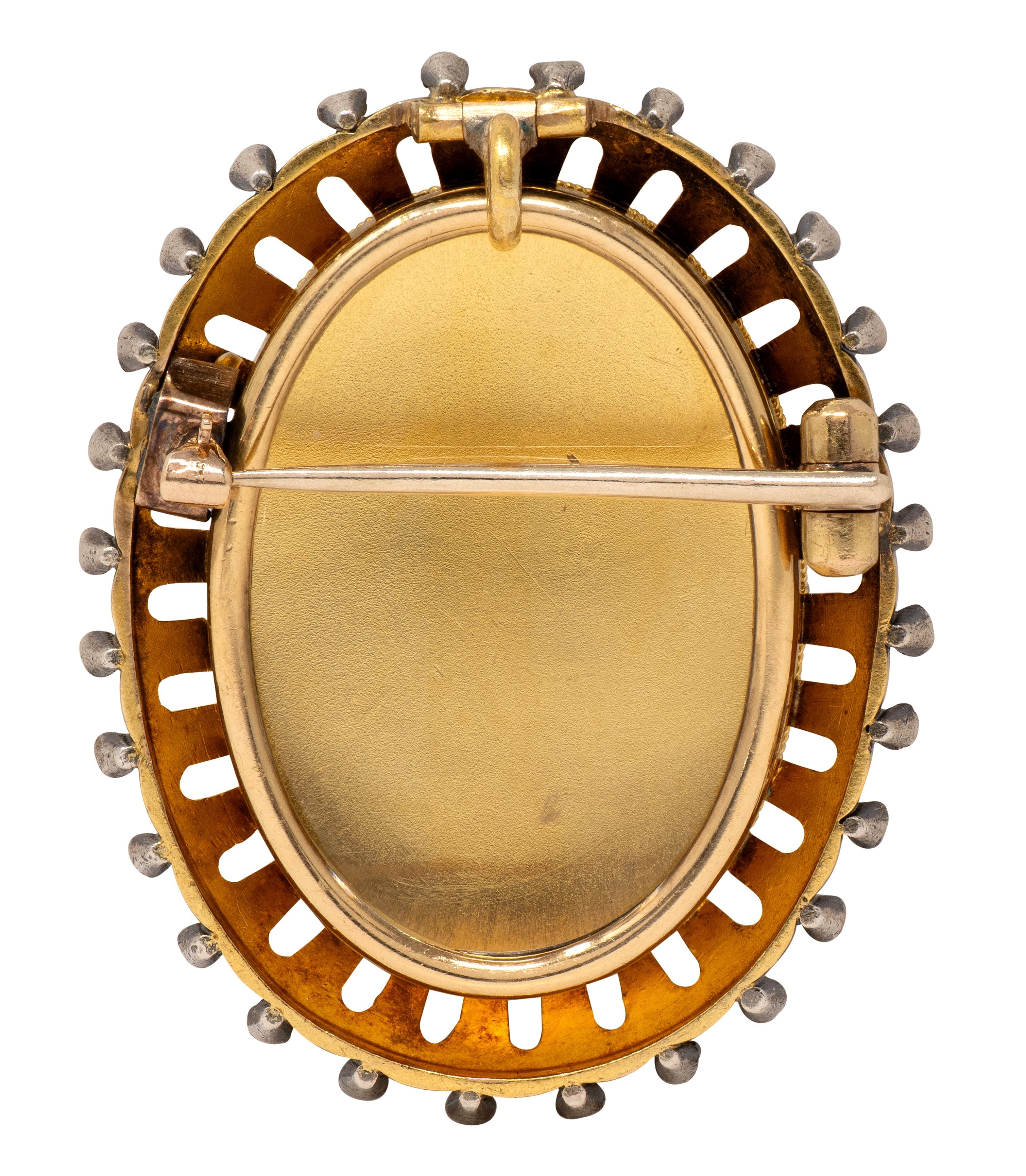 Victorian Diamond Enamel 18K Antique Psyche Portrait Locket Pendant Brooch