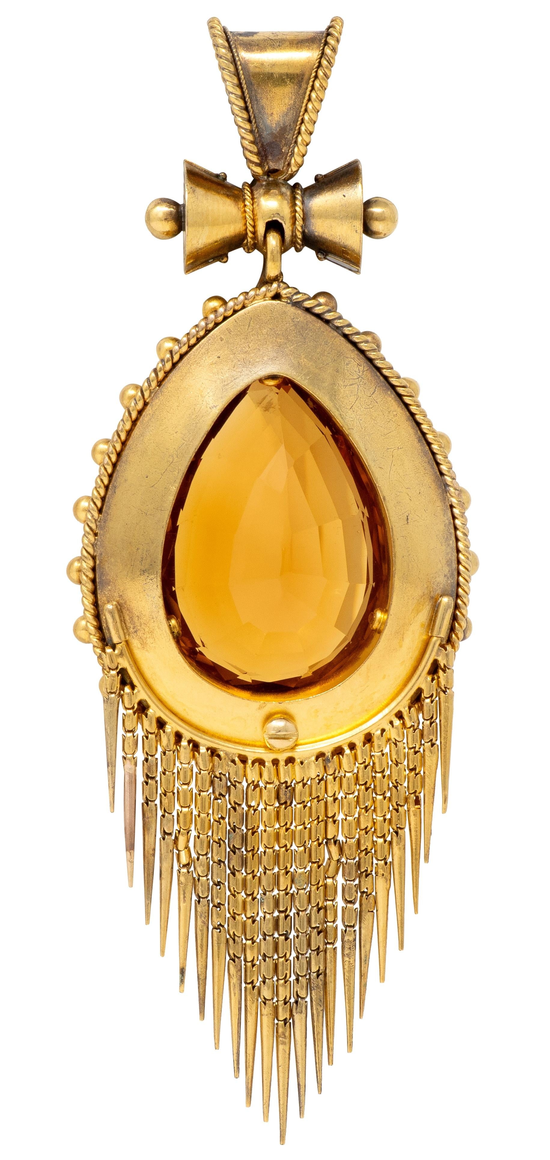 Victorian Etruscan Revival Citrine Enamel 14K Yellow Gold Antique Fringe Pendant