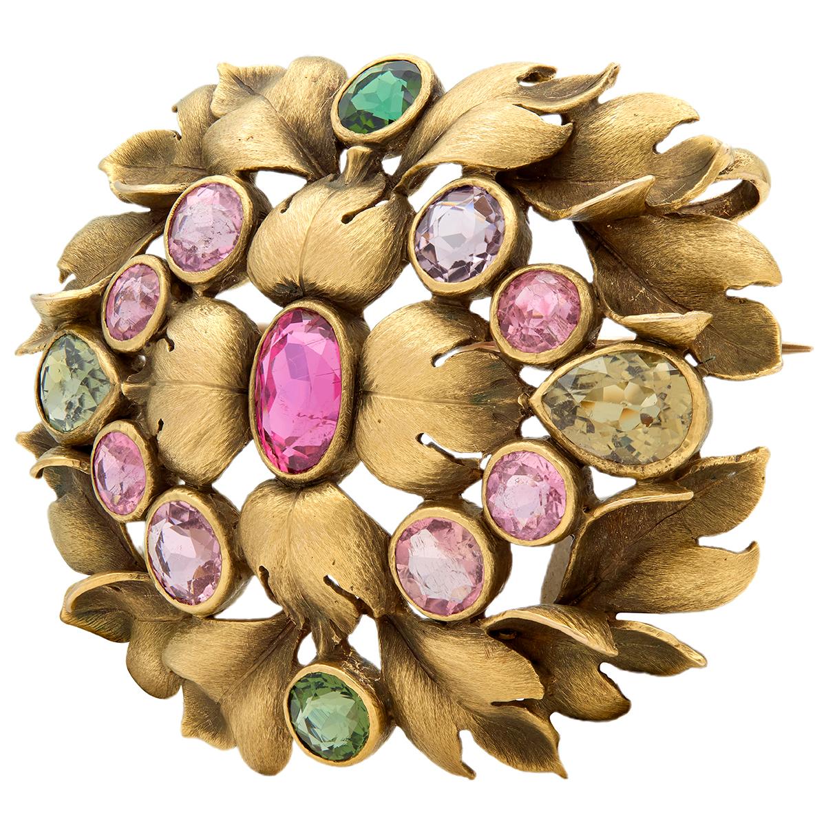 Arts & Crafts Multi-Gem Tourmalines 14 Karat Yellow Gold Foliate Antique Brooch
